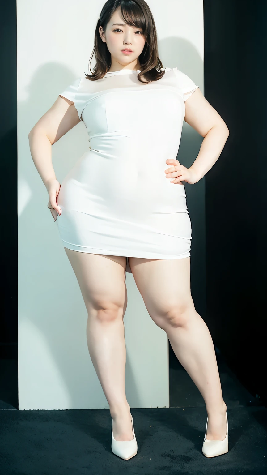 Office Lady、career woman、secretary、fat girl、Full body portrait、Hands on hips、Stand with your feet shoulder-width apart、Simple white background、High heels、Standing on tiptoes、White woman、Brown Hair、Short Hair、