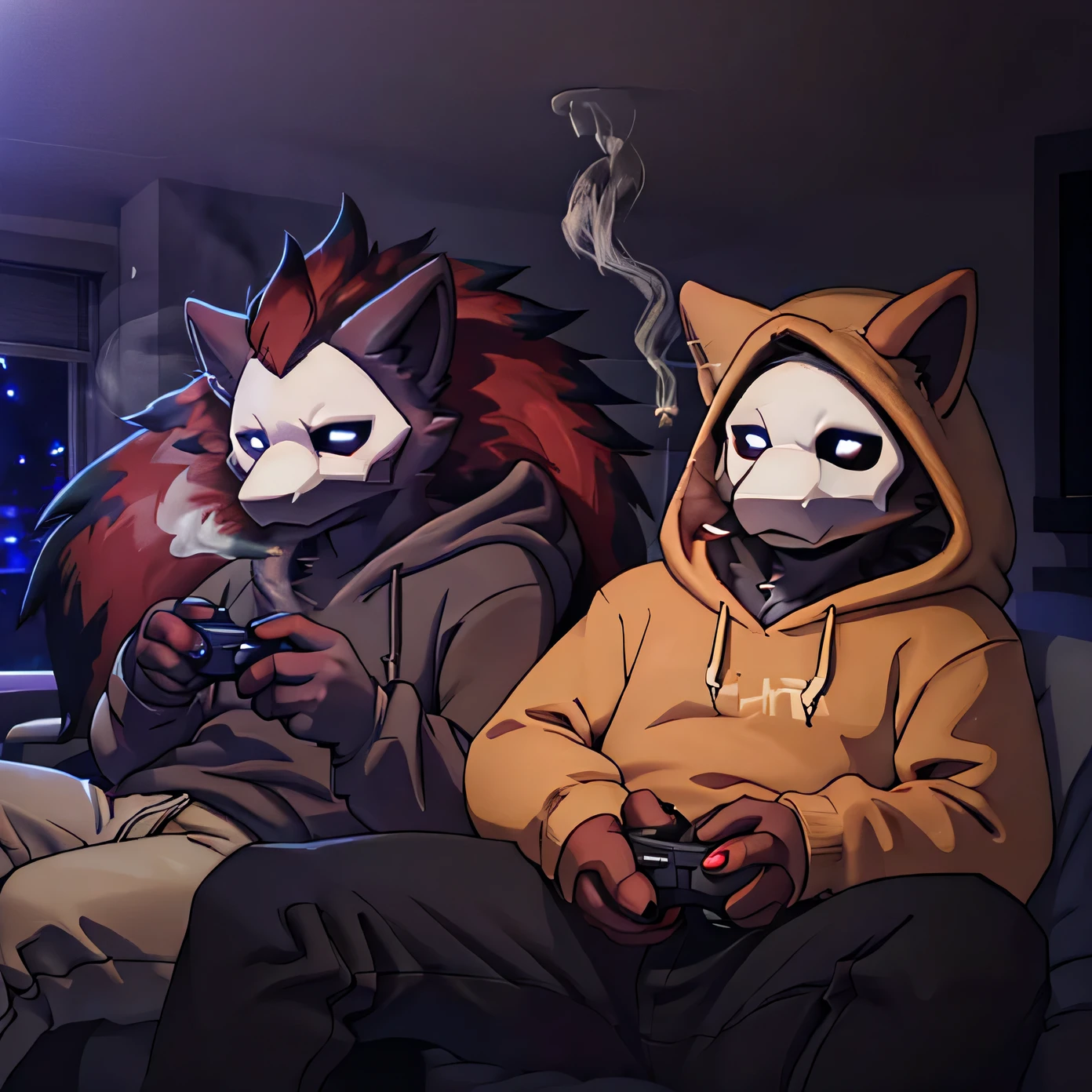  (puro siting), ((female zoroark)) Two people, Japan, (laying next to each other), ((cigarettes)), cigarette in hand, ((smoking weed)), couch, (hoody's), Baggy pants, night time, (chill vibes), Baggy hoody, purple lights, (( inside apartment)), tv lighting, black hoody's, (bag of chips), ((dark room)), (video game controller), big tail,
