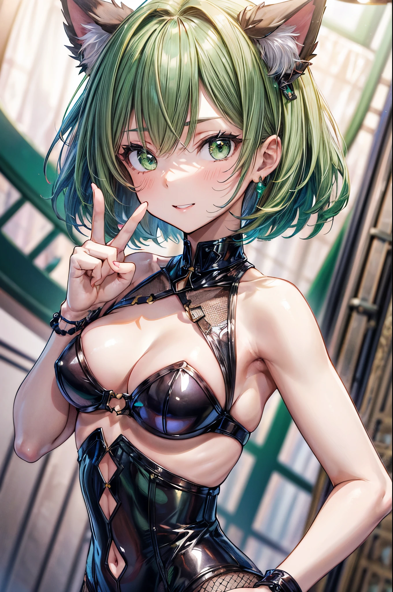 short hair, ((green hair1.5)), (cat ears a green), bob cut, (((4 defined fingers))), (((1 defined thumb))), (looking at viewer), break, sexy, ((solo)), (1 cute girl), ((highest quality)), ((masterpiece)), (familiar),  skindentation, perfect face, 8k , break, black eye, medium breasts, perfect limbs, (visible nipples:0.8), (camel toe:0.5), sexy, (sexy pose), (dutch angle), from below, dynamic pose, (close up), upper body, deltamon,