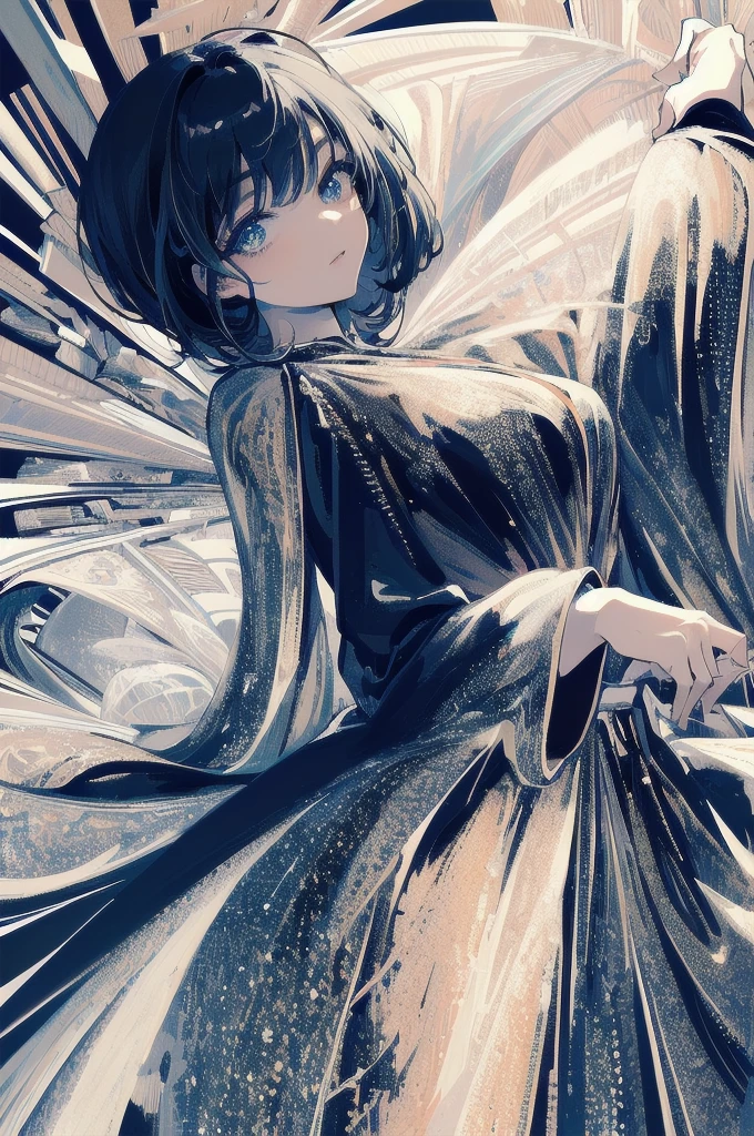 ((Masterpiece, Superb, Super Detailed, High Resolution)), solo, beautiful girl, sparkling eyes, perfect eyes, 15 years old, black and white gold theme,