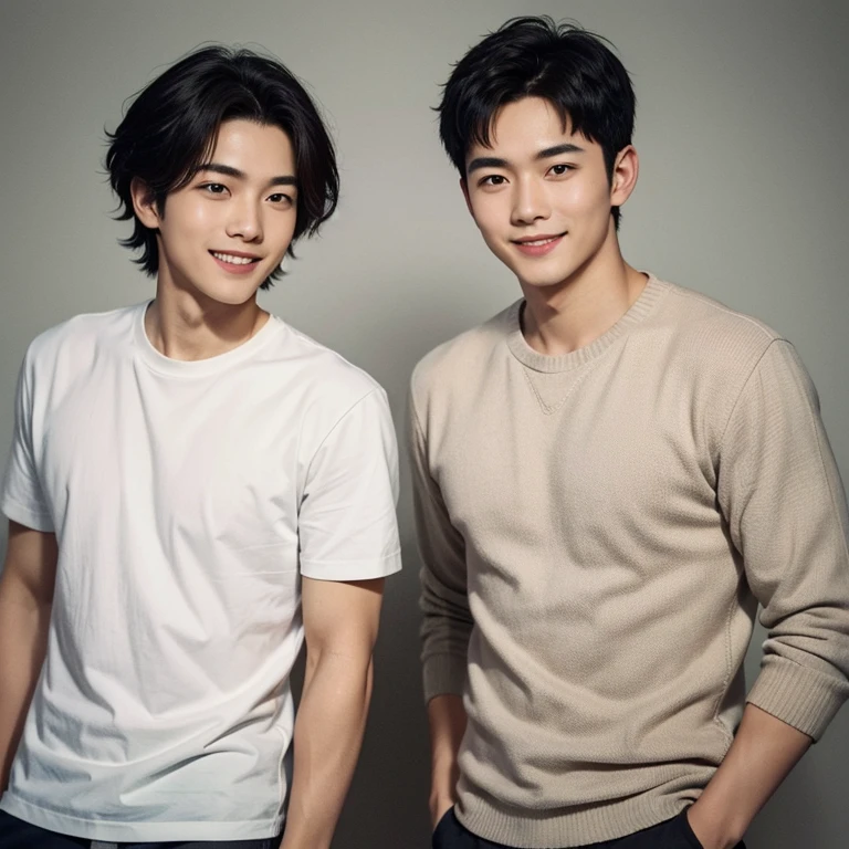 black hair, light smile, male, From the chest up, Lively expressions, The eyes are smiling, Fujicolor, Fujifilm, UHD, masterpiece, anatomically correct, textured skin, high details, best quality、Casual attire、2people、High