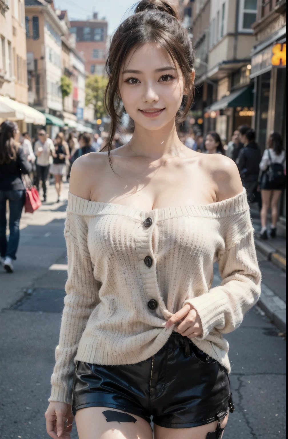 1 Female,40s,masterpiece,highest quality,Futao (Genshin Impact),Butao,ponytail,Brunette,alone,Symbol pupil,Long Hair, Finger Heart, bangs, Black shorts,(Very detailedな CG Unity 8k 壁紙), (masterpiece), (highest quality), (Very detailed), (Best illustrations), (Best Shadow), (Realistic:1.4), One girl on the street, ((Very oversized sweater, Button sweater, open sweater), (Gray Hair:1.1), clavicle, (Mid-breasted: 1.3), Audience, smile, whole body, (Latax clothing, Latax Stockings, soft smile, Smooth texture of the garment),
