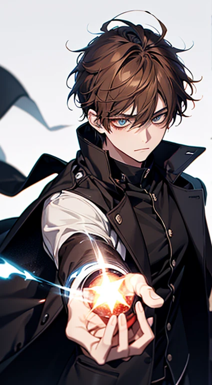 20歳のmens子1人, aura, Biribiri, black_background, Bi色_eye,Biく光るeye,Bi_fire,  zone, Brown Hair, anger, coat, crystal, electricity, energy, burn, _BlAnd_eye,   lightning, length_sleeve, look up_in_Audience, magic, mens_concentrated, black_coat, simple_background, 一人in, bodyの上部_body, white_