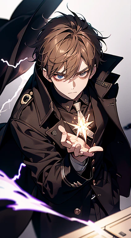 20歳のmens子1人, aura, Biribiri, black_background, Bi色_eye,Biく光るeye,Bi_fire, zone, Brown Hair, anger, coat, crystal, electricity, energy, burn, _BlAnd_eye, lightning, length_sleeve, look up_in_Audience, magic, mens_concentrated, black_coat, simple_background, 一人in, bodyの上部_body, white_