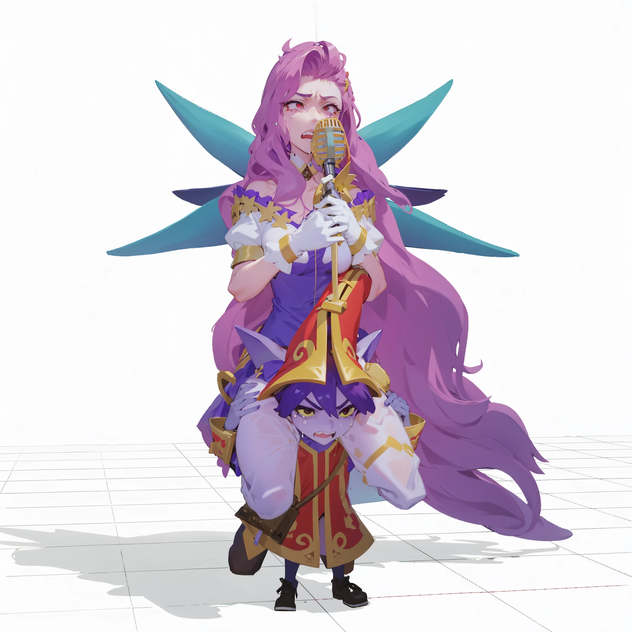 shoulder carry, size difference, angry, crying, clenched teeth, struggling, exhausted, pain, seraphine, holding microphone, singing, on shoulders, heavy,