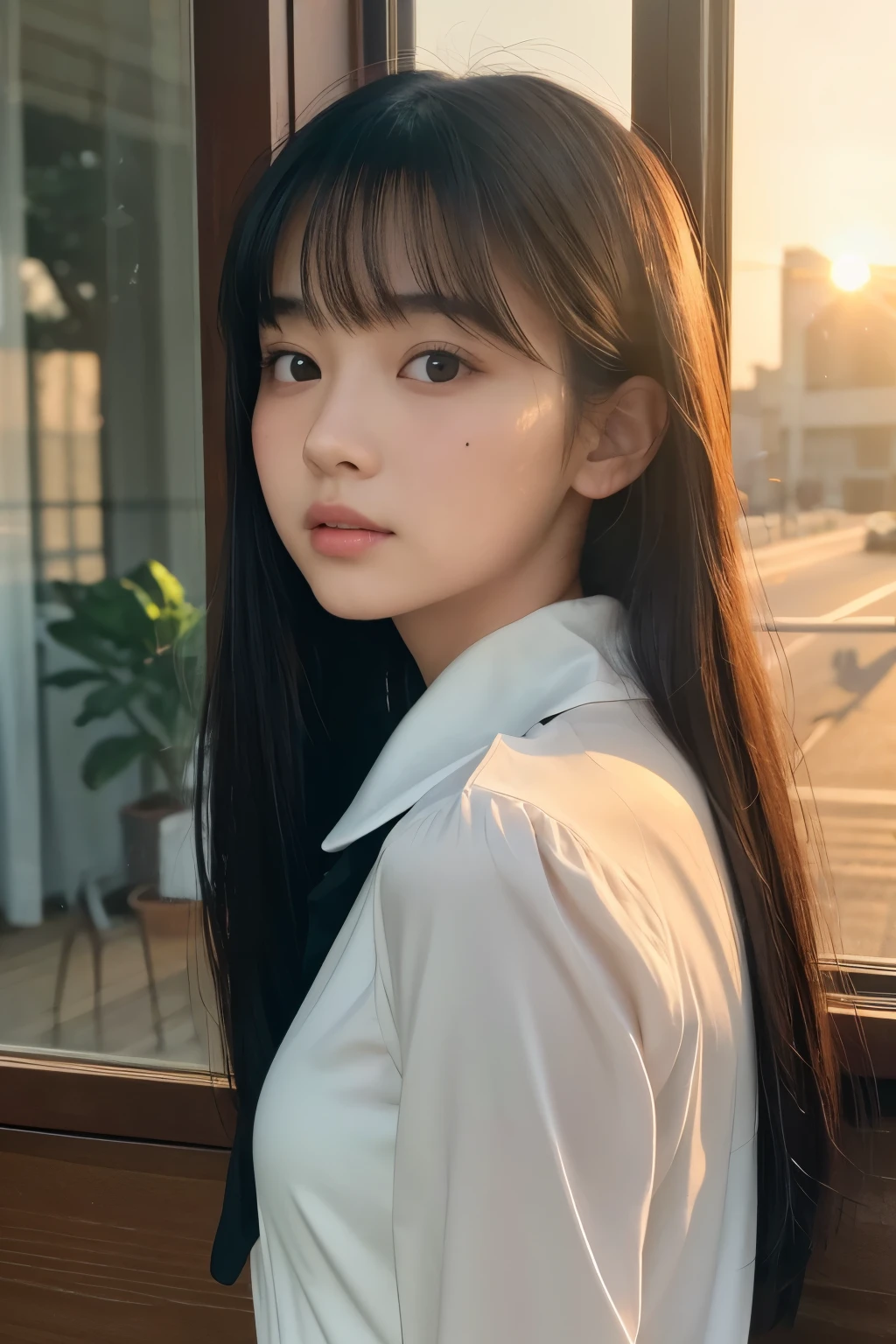 (Best picture quality, 8K quality, masterpiece), (Super A quality, photo realistic, raw photo), sunrise coming through, (sunrise), (masterpiece), (realistic girl, front face), (raw photo), (detail), official art, Unity 8K wallpaper, super definition, aesthetic, masterpiece, top quality, in front of window, wooden frame window, natural light, (sunrise ), window open, (window open), wind, beautiful girl, (hair wind blowing), black hair, bangs, , cute face, glossy cheeks, (light on cheeks), black dress, (long sleeves, collar)