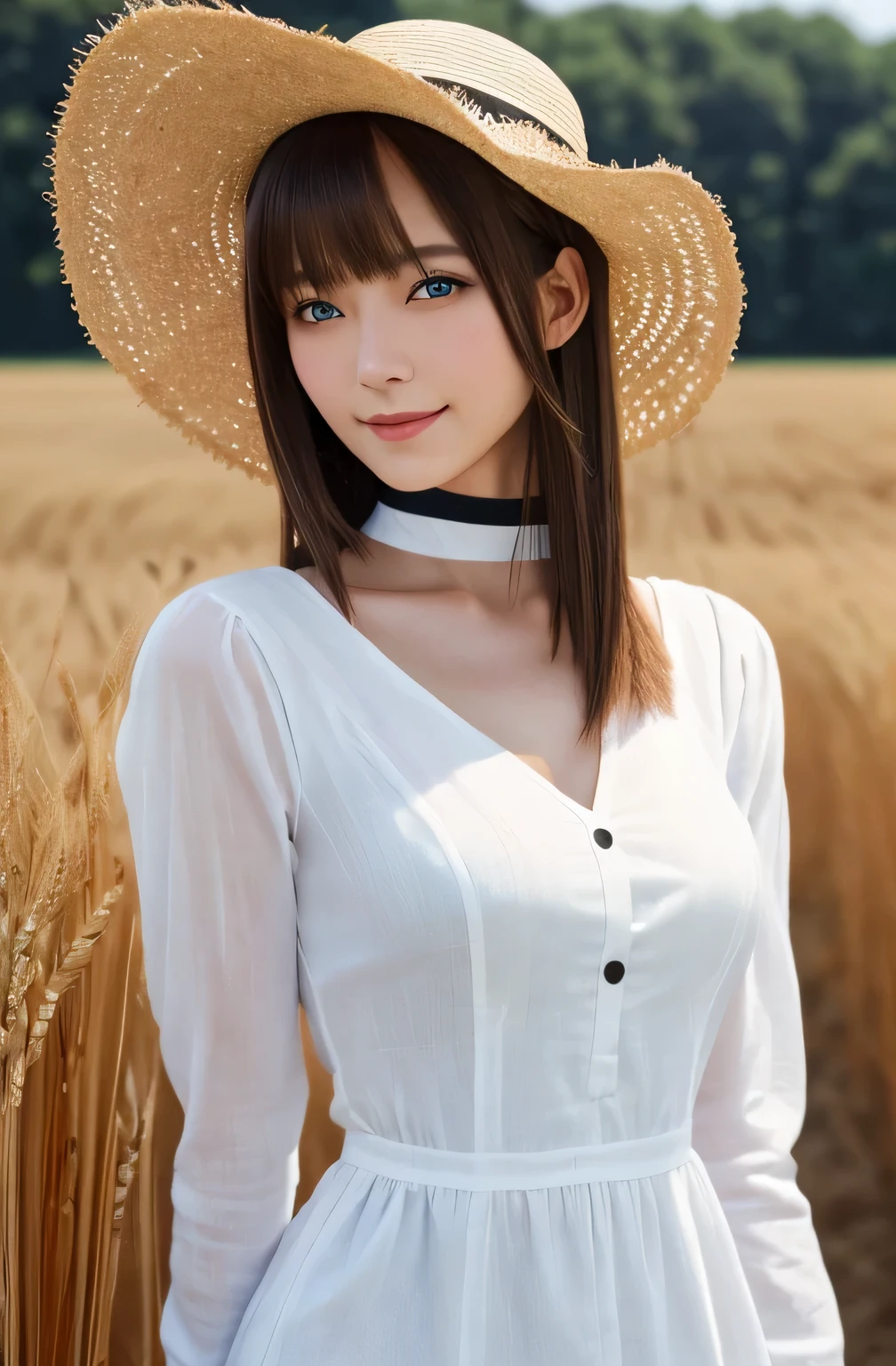 masterpiece, 1 mature woman per photo, Cowboy Shot, Front view, Cute Japanese Pioneer Girl, Long Bob Hair, Very cute face, Glossy Lips, Double eyelids on both eyes, Natural Makeup, (Brown Hair , Long Bob Hair), Asymmetrical bangs, High resolution, Attention to detail, Detailed hairstyle, Detailed face, Cinema Lighting, Octane Rendering, Ultra-realistic, Perfect limbs, Perfect Anatomy, Black Choker, blue eyes, Big Breasts, ((The body is slim:1.5)), Cool Beauty, Slim face, smile, Fantasy World, Outdoor, ((Straight Long Hair)), Straw hat, A simple linen dress,  farmer, Vast wheat fields, Long sleeve, V