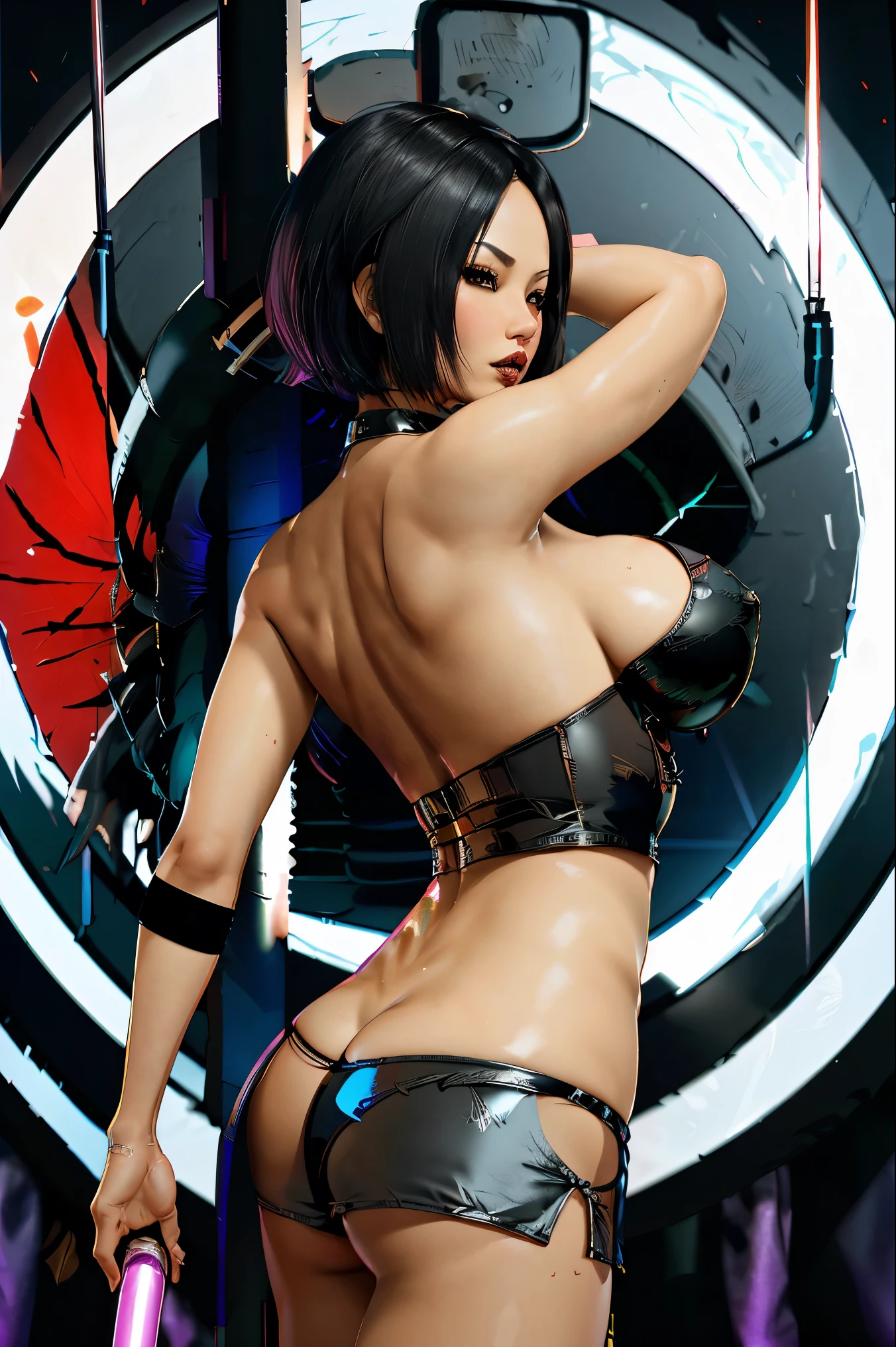 kiko, short hair, hair over one eye, asian, tanned skin, tanned, 35yo, mature woman, milf, serious, mad, dangerous, short black dress, short black skirt, black thong, big breasts, pole dancing, stripper dance, dancing, from back, from below, classy stripper club