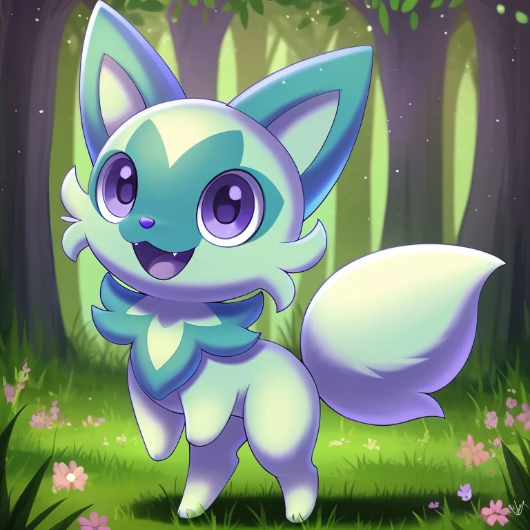 masterpiece, best quality, Highest picture quality, purple eyes, shiny pokemon, forest background, solo, female, happy, open mouth