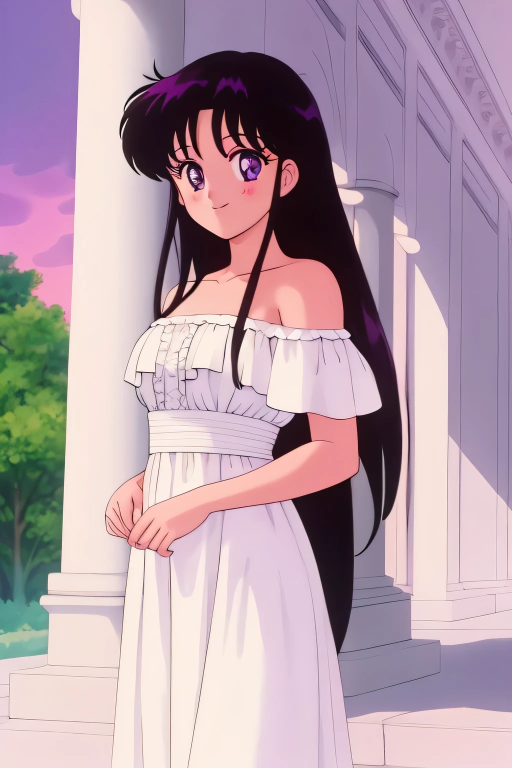 1990s \(style\), masterpiece, best quality, highres, outdoors, small breasts, 1 girl, Solo, Rei Hino, Purple Eyes, Beautiful Detail Eyes, Long Black Hair, Straight Hair, Good hands are down, Smile, Blushing, Bare Neck, Bare Shoulders, strapless, White Ruffle Off-the-Shoulder maxi dress. Cowboy shot. Ballroom with columns and a window of a purple sunset