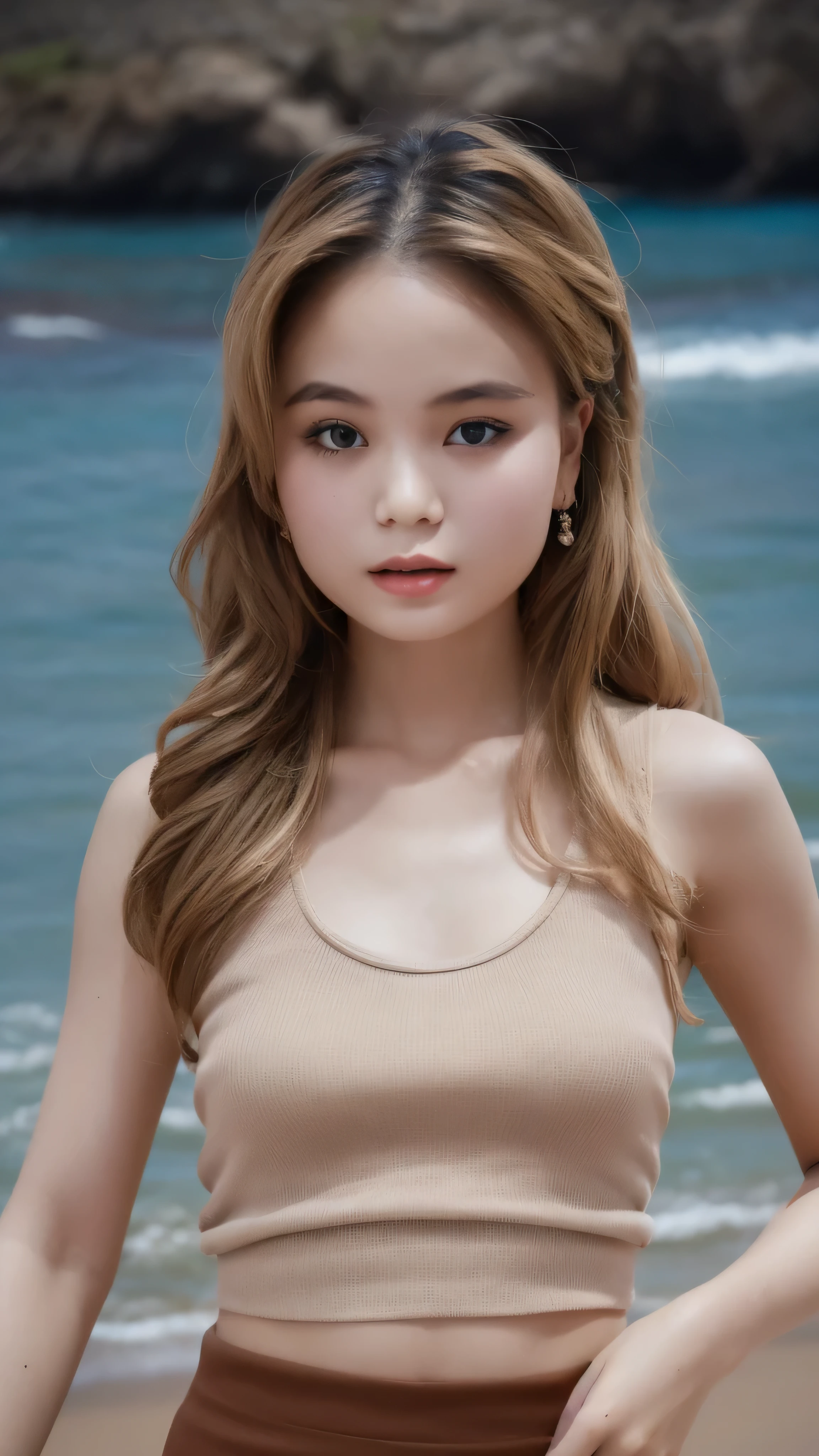 1 girl, alone, looking at the viewer, dark blonde long hair, tank top, mini skirt, brown eyes, Coastal rocky background, beautiful body, small breast , realistic, masterpiece, high quality, High resolution,