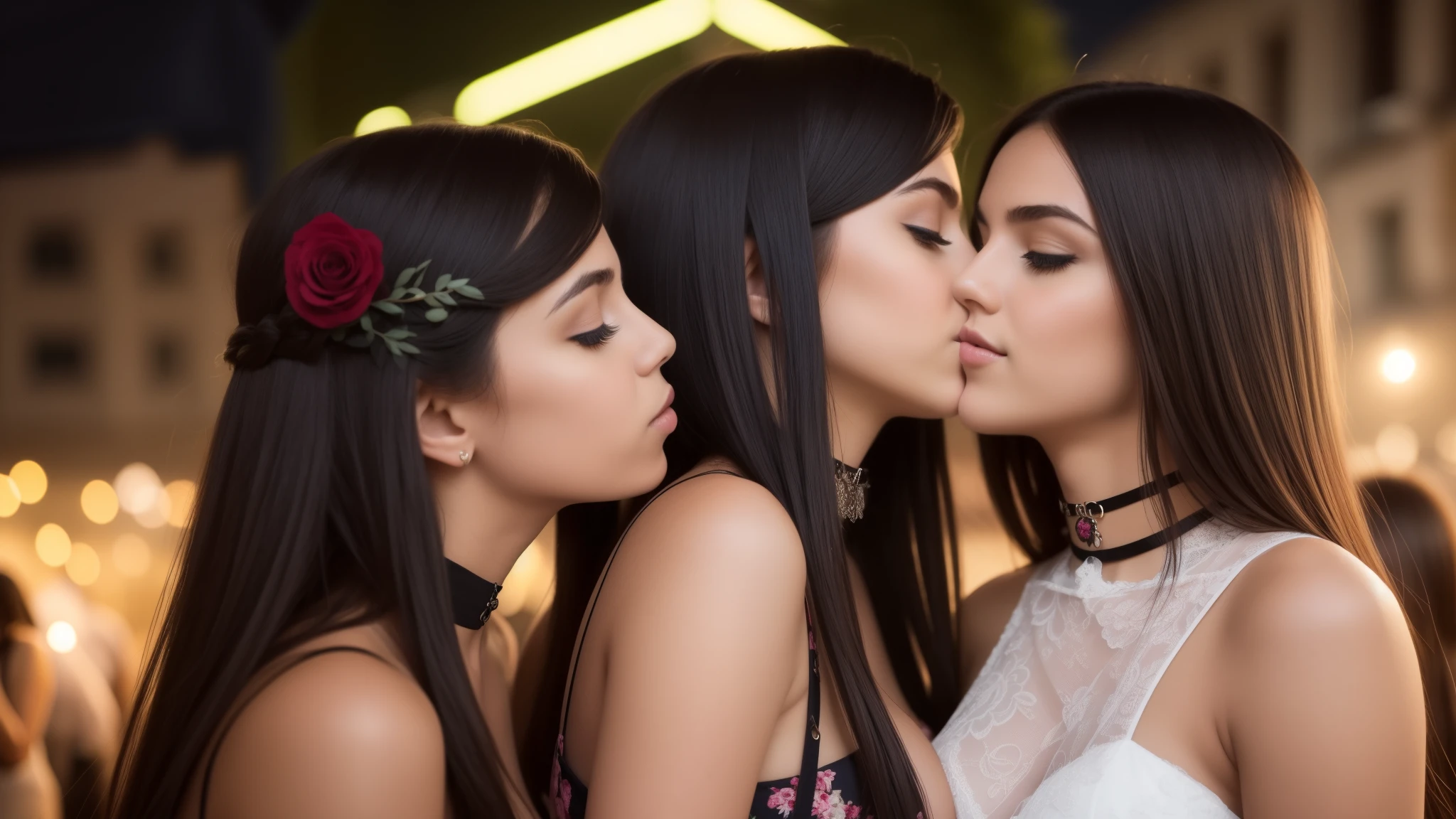 Capture a photorealistic, hyper-detailed image of 2 girls together in a single frame, 18 years old, (kissing:1.2), smiling, Dark hair, choker, shag_cut hair, (big breasts:1.3), curvy russian women in a mini floral dress at a rave party in greece. Realistic skin texture. Use ambient street lighting to create vintage shadows. evening. Export in RAW with a 'vintage elegance' Instagram LUT