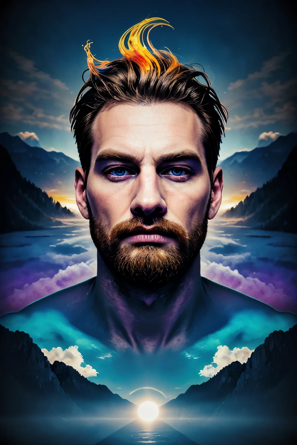 dreamlikeart, [light, paint, jwst, spiral galaxy, cosmic horrors beyond comprehension:ink, shadow,:0.25], big man, eyes, pupils, dublex, mountainous horizon, sun, [glitch|databending]