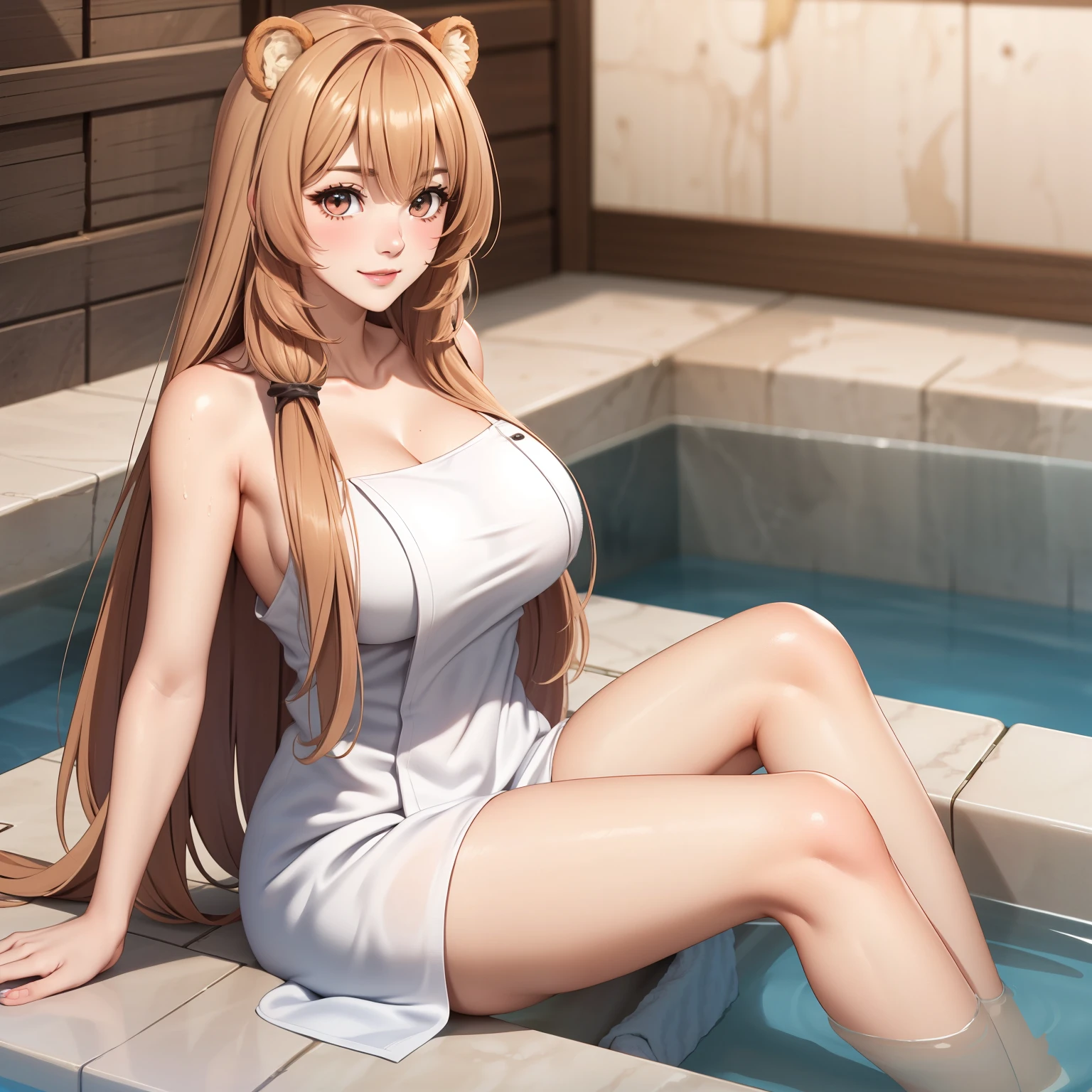 una sola mujer . mujer sola, Raphtalia woman 27 years old orejas de oso, blonde hair with pink tips, orejas de oso, ojos rojos, pale skin, pechos grandes ,(naked with a bath towel wrapped around)、(perfect bath towel)、(de pie en un elegante vestidor)、(The interior of the most natural and practical dressing room)、pechos grandes 、escote、(Cabello mojado y brillante)、(Cabello mojad) sonrisa. orejas de oso. orejas de oso en su cabeza.