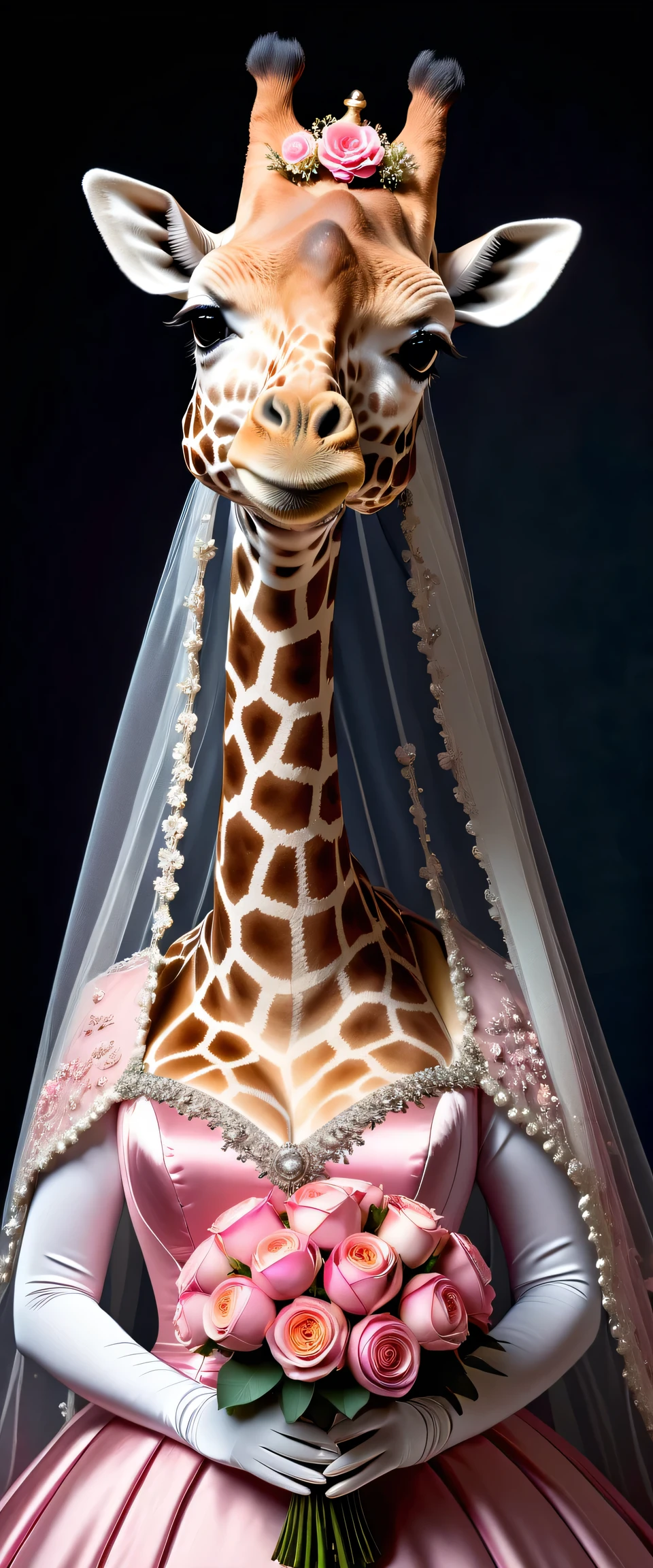 photorealistic portrait of Dressed animals - a ((fat)) giraffe bride,(elegant pose),(closed mouth),(furry), high quality,(lovely) ,intricate details, highly detailed (gothic wedding dress)),wearing opera globes ,wearing highly detailed veil, highly detailed decorations ,holding flower bouquet, (happy), studio lighting,(full body image:2.0),(light gray background:1.5)
