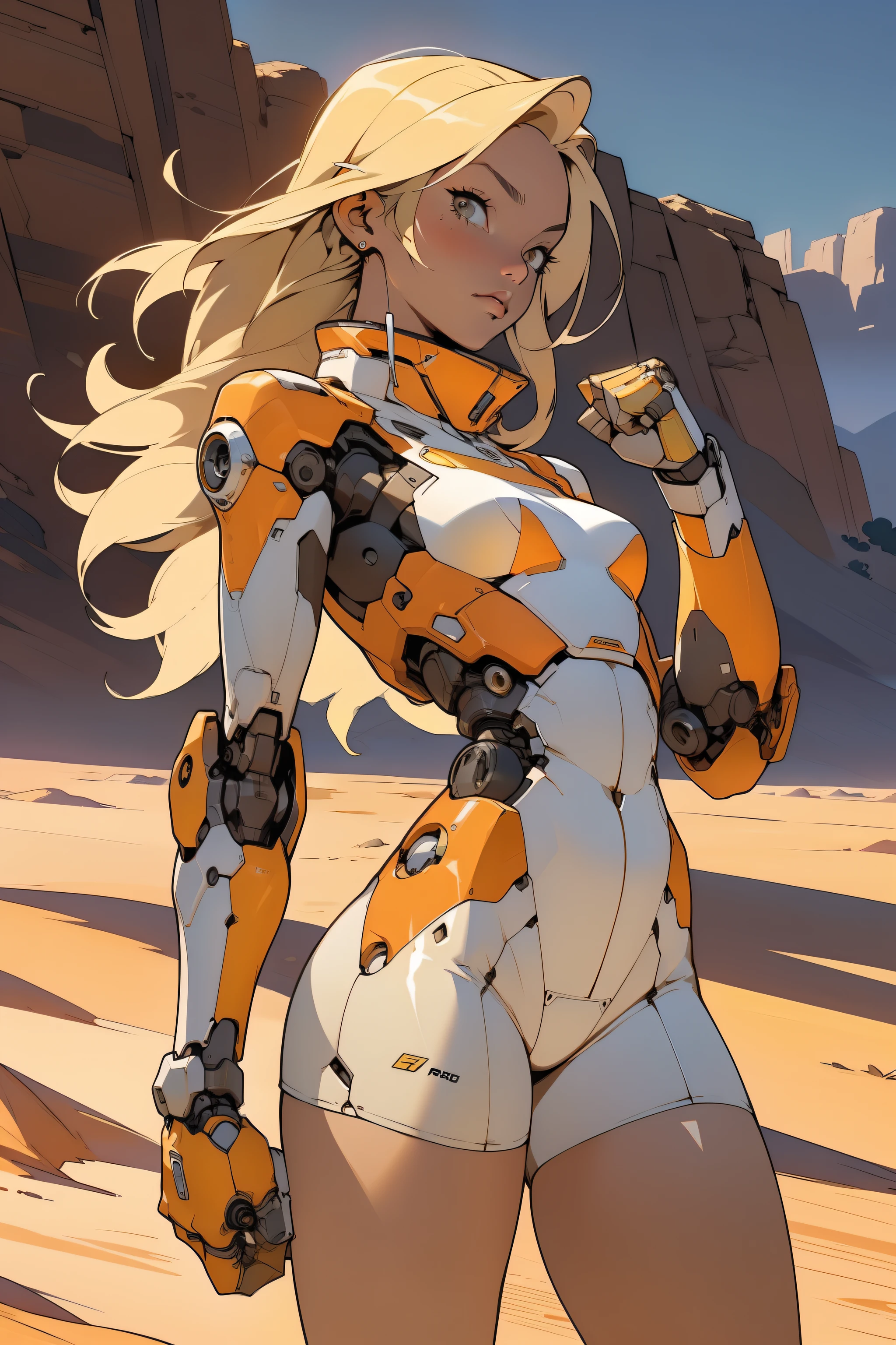 high quality, 4k, masterpiece, beautiful, cyborg girl, cowboy shot, dull eyes, front, looking at viewer, long blonde hair, girl, small breasts, fit thighs, robotic arms, robotic body, cyborg body, white & yellow uniform, orange accent, intricate detail, joint, detailed lines, robotic detail, holding fist up, holding hand up as fist, color robotic parts, robotic parts with color, perfect fingers, on a desert planet, sunny background, colorful desert, a river or a lake in the background, slender thighs, skinny thighs, thin thighs