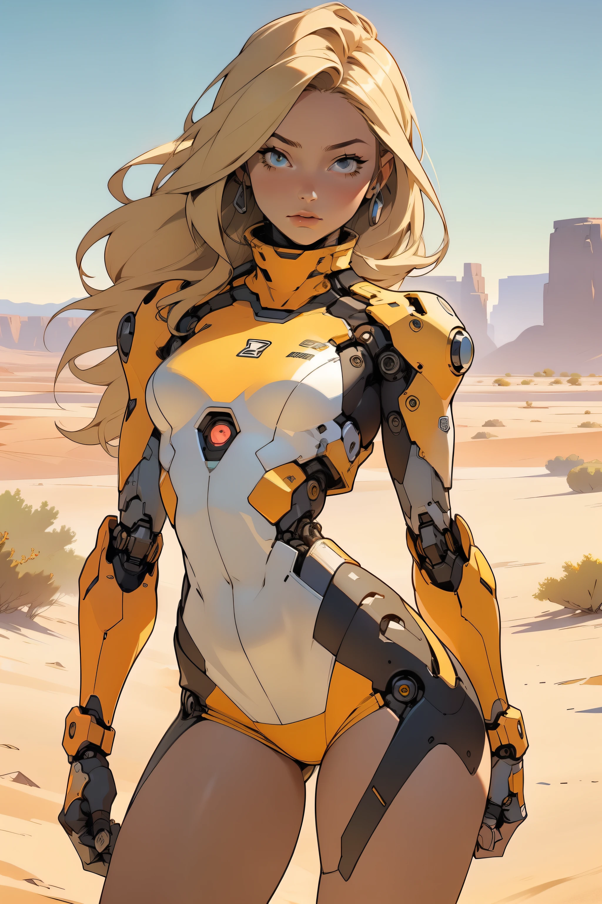 high quality, 4k, masterpiece, beautiful, cyborg girl, cowboy shot, dull eyes, front, looking at viewer, long blonde hair, girl, small breasts, fit thighs, robotic arms, robotic body, cyborg body, white & yellow uniform, orange accent, intricate detail, joint, detailed lines, robotic detail, holding fist up, holding hand up as fist, color robotic parts, robotic parts with color, perfect fingers, on a desert planet, sunny background, colorful desert, a river or a lake in the background, slender thighs, skinny thighs, thin thighs