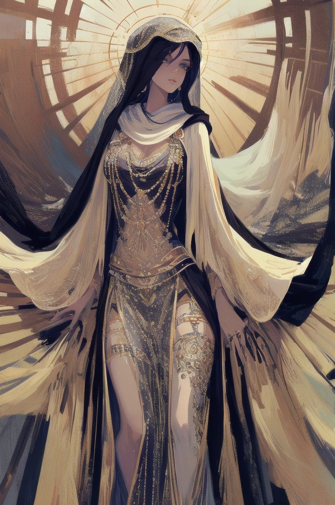 ((Masterpiece, Superb, Super Detailed, High Resolution)), solo, beautiful girl, sparkling eyes, perfect eyes, 15 years old, black and white gold theme, fortune teller robes, in gipsy tent, skirt, face veil, robe, cloak,