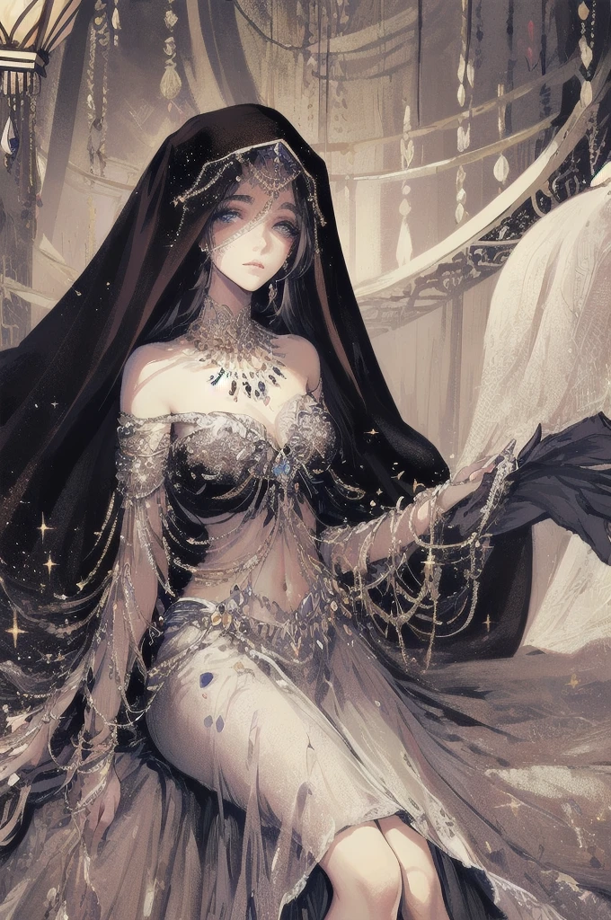 ((Masterpiece, Superb, Super Detailed, High Resolution)), solo, beautiful girl, sparkling eyes, perfect eyes, , black and white gold theme, fortune teller robes, in gipsy tent, skirt, face veil, robe, cloak,