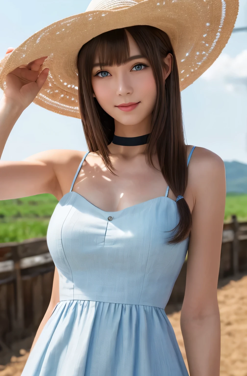 masterpiece, 1 mature woman per photo, Cowboy Shot, Front view, Cute Japanese Pioneer Girl, Long Bob Hair, Very cute face, Glossy Lips, Double eyelids on both eyes, Natural Makeup, (Brown Hair , Long Bob Hair), Asymmetrical bangs, High resolution, Attention to detail, Detailed hairstyle, Detailed face, Cinema Lighting, Octane Rendering, Ultra-realistic, Perfect limbs, Perfect Anatomy, Black Choker, blue eyes, Big Breasts, ((The body is slim:1.5)), Cool Beauty, Slim face, smile, Fantasy World, Outdoor, ((Straight Long Hair)), Straw hat, A cheap linen dress, Farmer's Daughter, Vast wheat fields, Long sleeve, V-neck,