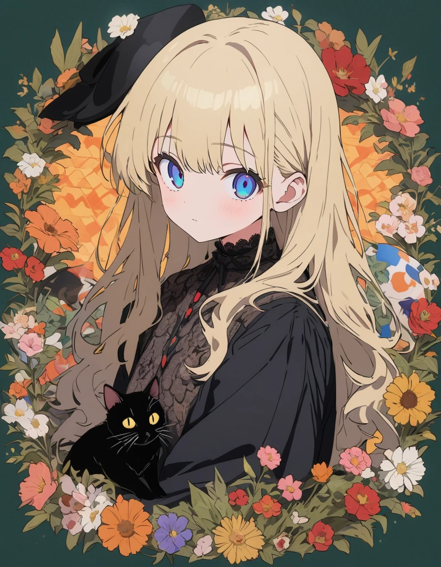 anime style, blond girl with a black hat sitting on top of books and a cat, patterned background, full body portrait, surrounded by flowers and plants, retro patterns, dark green and light yellow, intricate details, high resolution, vintage style. --ar 3:4 --niji 6 --s 1000 --style raw,((figure、High quality 8k))、(highest quality、masterpiece、High resolution、detailed)、animeスタイル、Flat Style, BREAK,flat color, flat shading、extremely detailed、eyes shining colors illuminated light, Delicate and beautiful face, (The Shining), Best lighting, Best Shadow、High saturation,Dynamic Angle、Moe anime official art、anime
