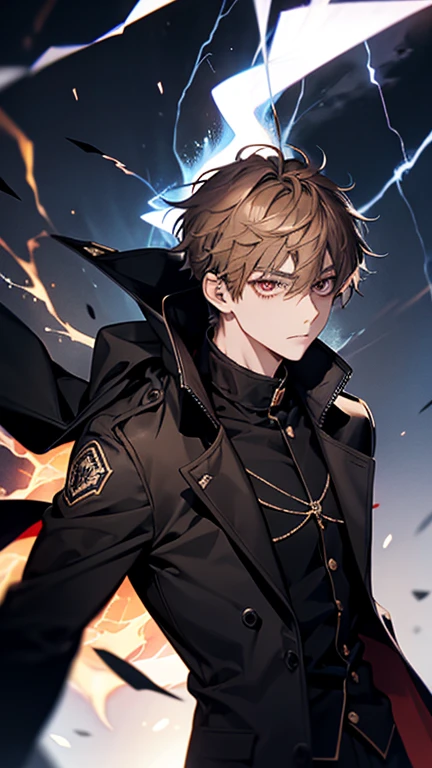 20歳のmens子1人, aura, Biribiri, black_background, Bi色_eye,Biく光るeye,Bi_fire, zone, Brown Hair, anger, coat, crystal, electricity, energy, burn, _BlAnd_eye, lightning, length_sleeve, look up_in_Audience, magic, mens_concentrated, black_coat, simple_background, 一人in, bodyの上部_body, white_
