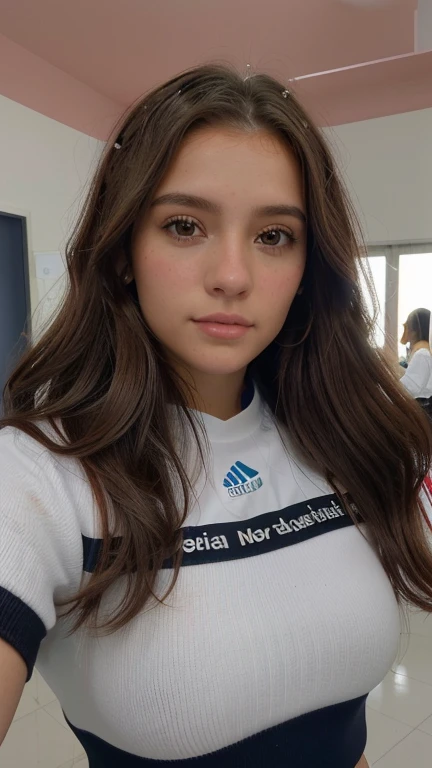 xoaeriel, a beautiful woman with wavy brown hair, ojos azules, nariz redonda, vistiendo un cohete de equipo,uniforme del equipo cohete,falda blanca,letra roja R,top corto,medias negras hasta el muslo,guantes negros hasta el codo,hiperealista