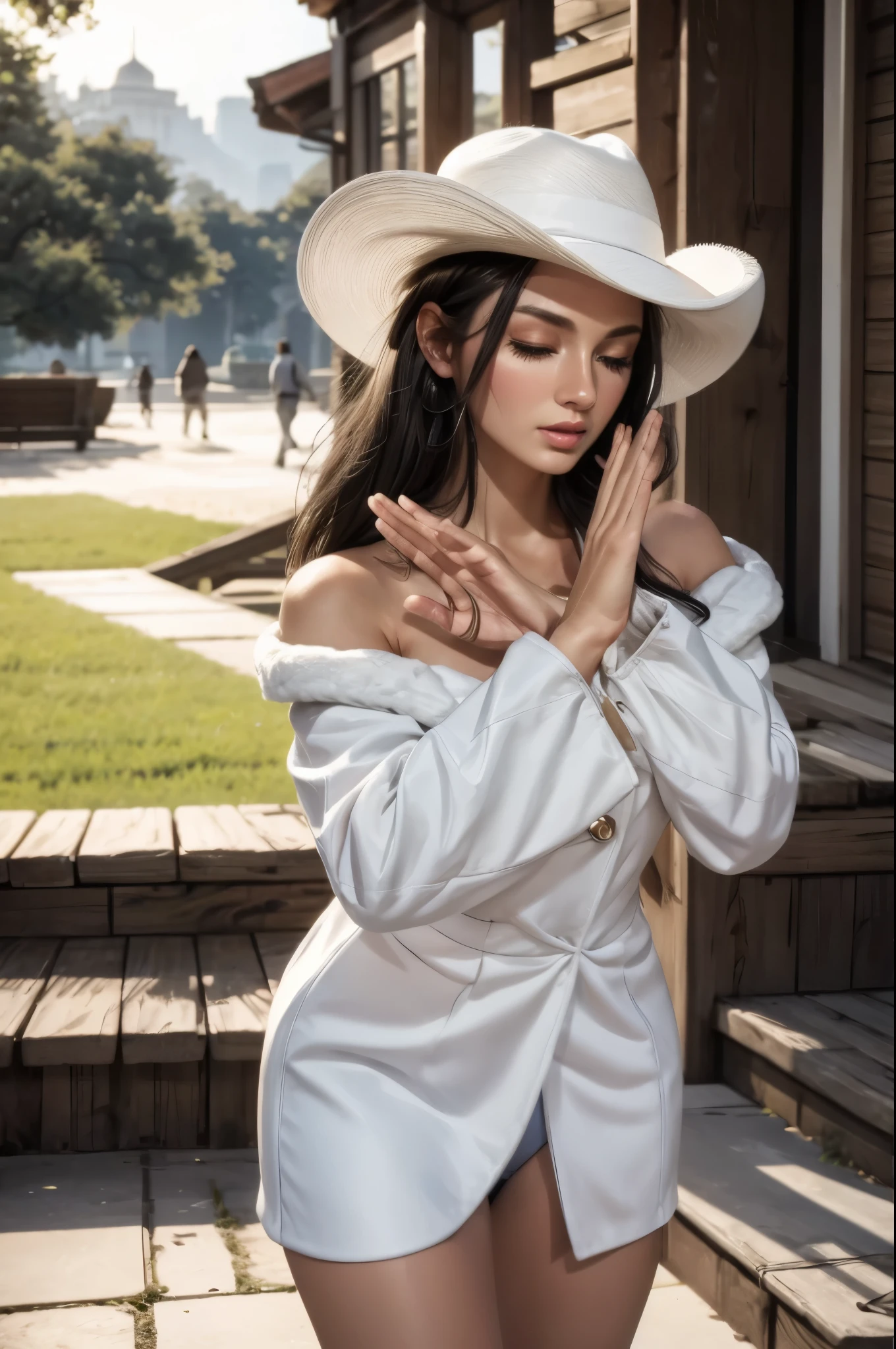 masterpiece, best quality, extremely detailed, hyperrealistic:1.1, photorealistic, a beautiful 20s russian model,white fur coat, white cowboy hat, x-arms:1.3, eye closed:1.3, ultra detailed face:1.1, black hair, royal palace garden