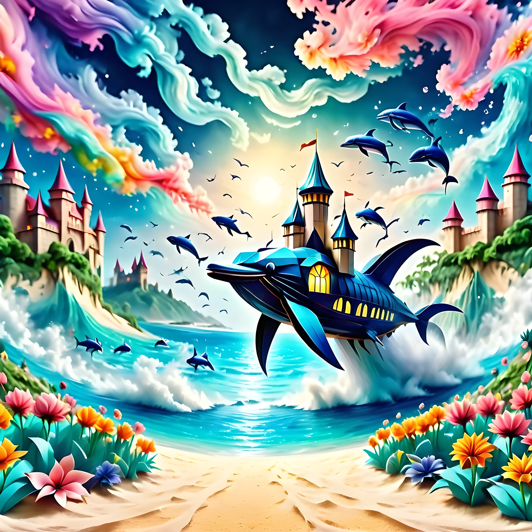 Illustration, fantasy, Dream castle on Caribbean island, White sand and blue sea, Whales and dolphins, Flowers, Nature, Rolling coaster round the castle, Pastel-coloured steam train round the castle, colourful