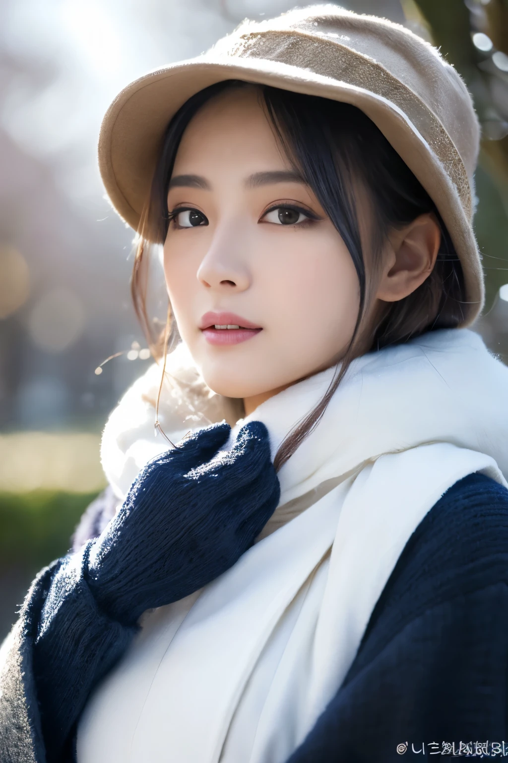 ((top-quality、8K、masuter piece:1.3))、(Beautiful, Realistic Japan),1 female、Winter coat、(Big Tits:1.2)、muffler、Yarn hat、gloves、hyperdetailed face、High detailed lips、A detailed eye、double eyelid 、snowflakes falling、White breath、large tree、naturey、kou、a white world、