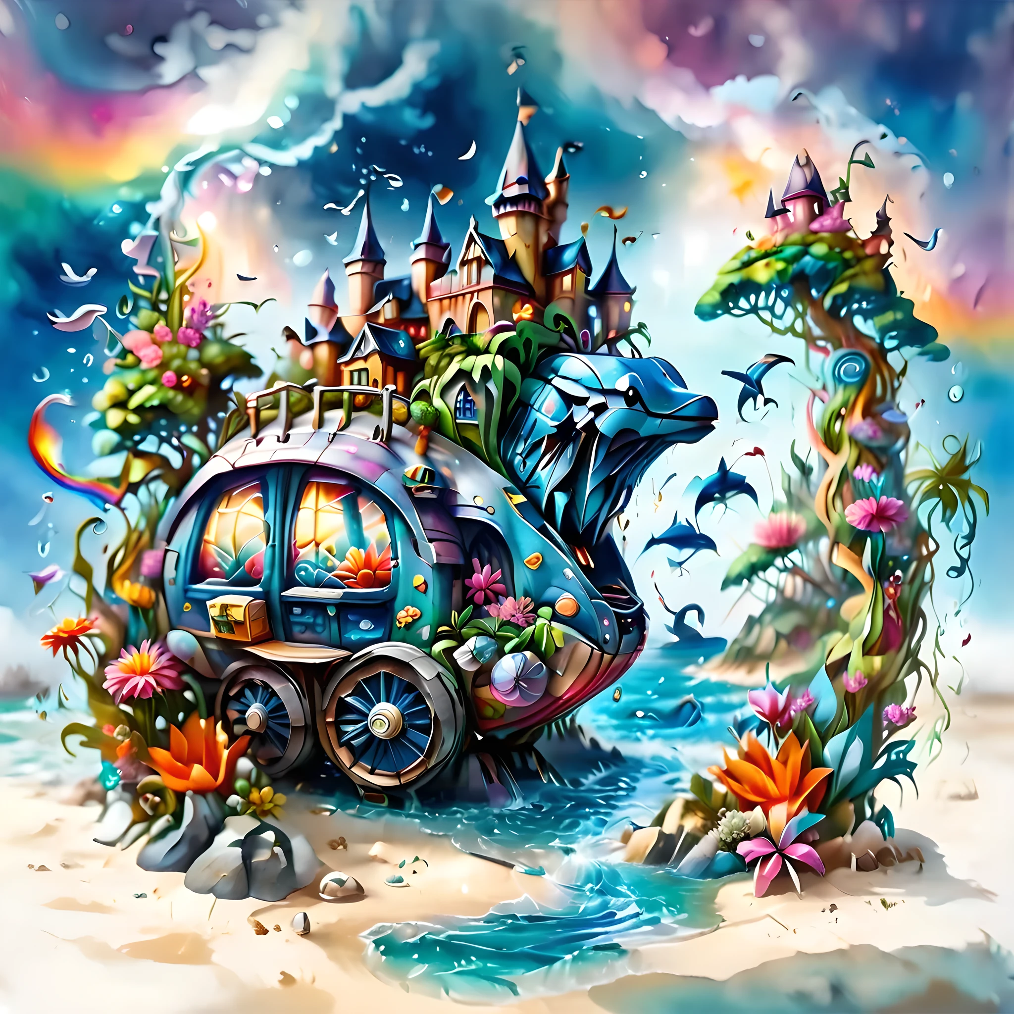 Illustration, fantasy, Dream castle on Caribbean island, White sand and blue sea, Whales and dolphins, Flowers, Nature, Rolling coaster round the castle, Pastel-coloured steam train round the castle, colourful