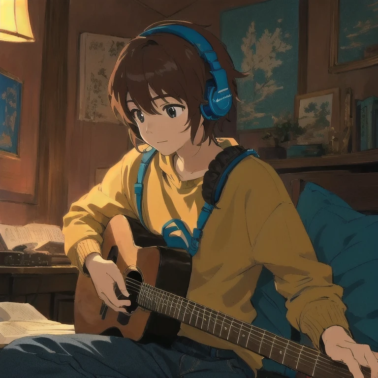 (highest quality,High resolution,Very detailed),Boy playing guitar in a cozy room,Using headphones,2D Anime Style,praise, It's dim