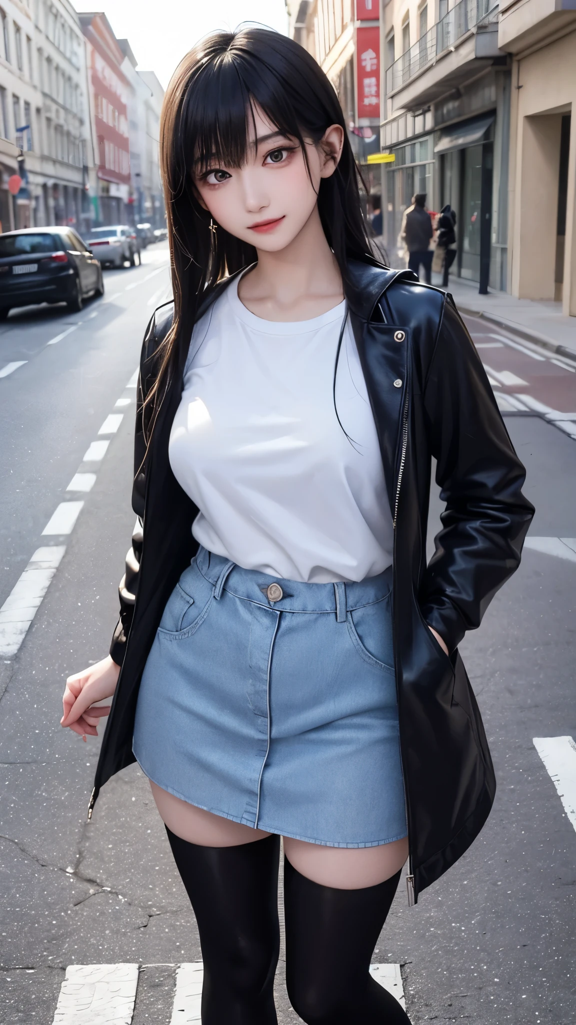 top-quality、supreme１People Girls,hightquality,A detailed face、A detailed eye、Detailed nose、Detailed mouth、 Beautiful expression, ((masuter piece)), ((High resolution)), ((Best Quality)), detail, (Excited face.Very happy,),(tshirts、parka、Tight mini skirt、Black stockings、long boots、One bag)、 girl with,Blue-haired, (Long straight hair)、Standing figure、fair white skin:1.3、、Big breasts, cinmatic lighting, perfectly shaded,(((In the street))), Realistic lighting with shades,Reflecting the whole body