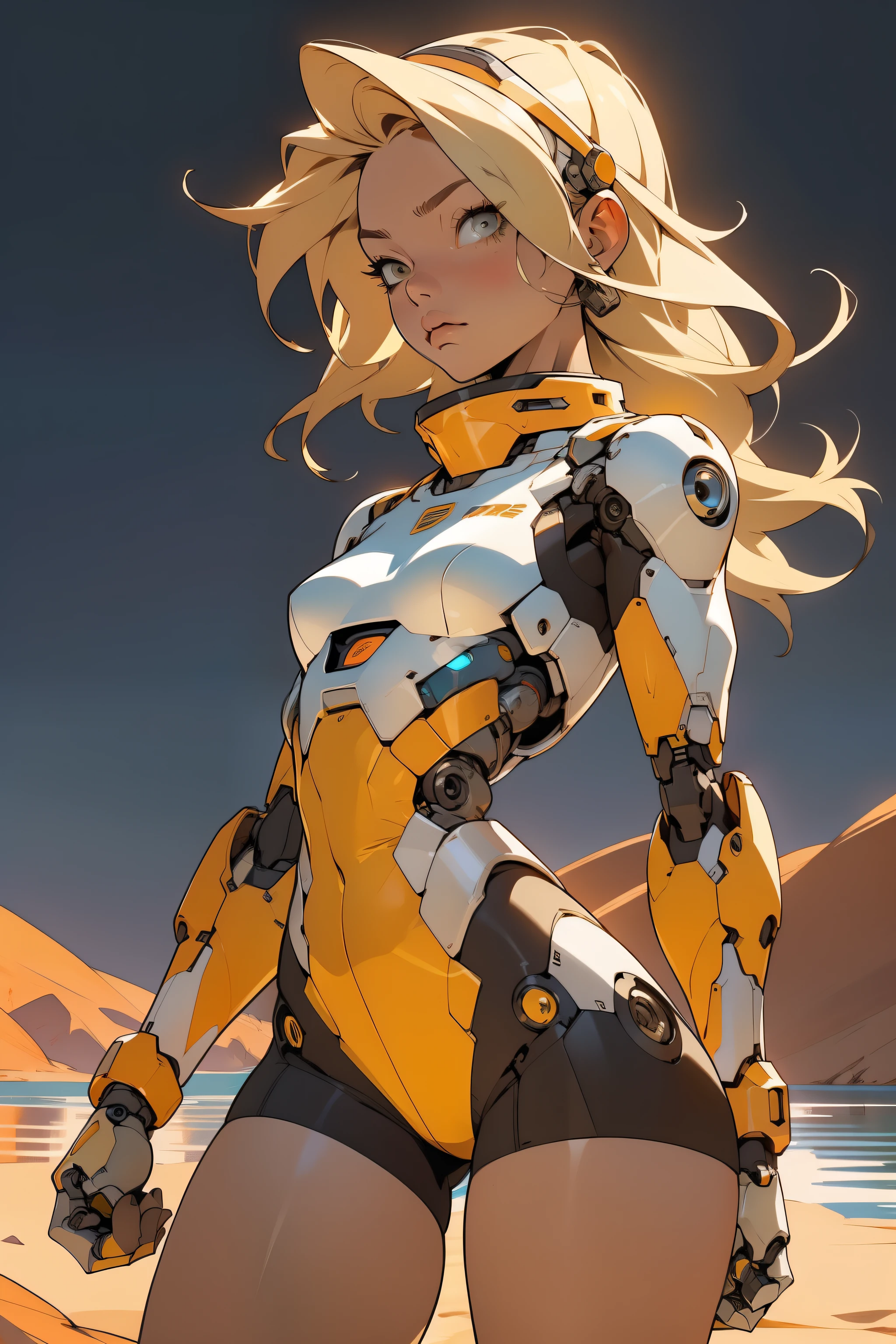 high quality, 4k, masterpiece, beautiful, cyborg girl, cowboy shot, dull eyes, front, looking at viewer, long blonde hair, girl, small , fit thighs, robotic arms, robotic body, cyborg body, white & yellow uniform, orange accent, intricate detail, joint, detailed lines, robotic detail, holding fist up, holding hand up as fist, color robotic parts, robotic parts with color, perfect fingers, on a desert planet, sunny background, colorful desert, a river or a lake in the background, slender thighs, skinny thighs, thin thighs
