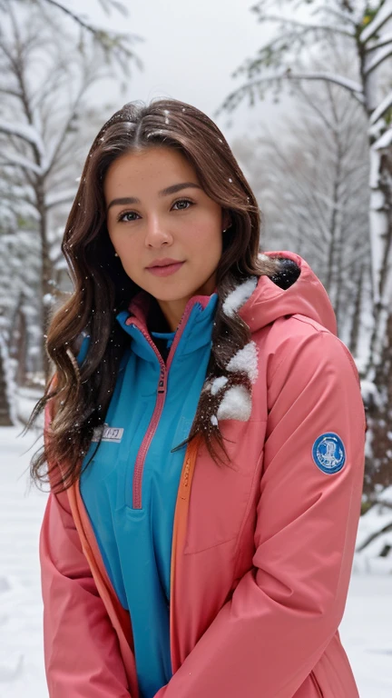 xoaeriel, a beautiful woman with wavy brown hair, ojos azules, nariz redonda, wearing a ski suit on a snowy day,traje rosa,Luz natural,en el bosque,hiperealista, usando ropa para la nieve, doblando, en la nieve,Photoshoot,en esqui,seguro,cuerpo completo