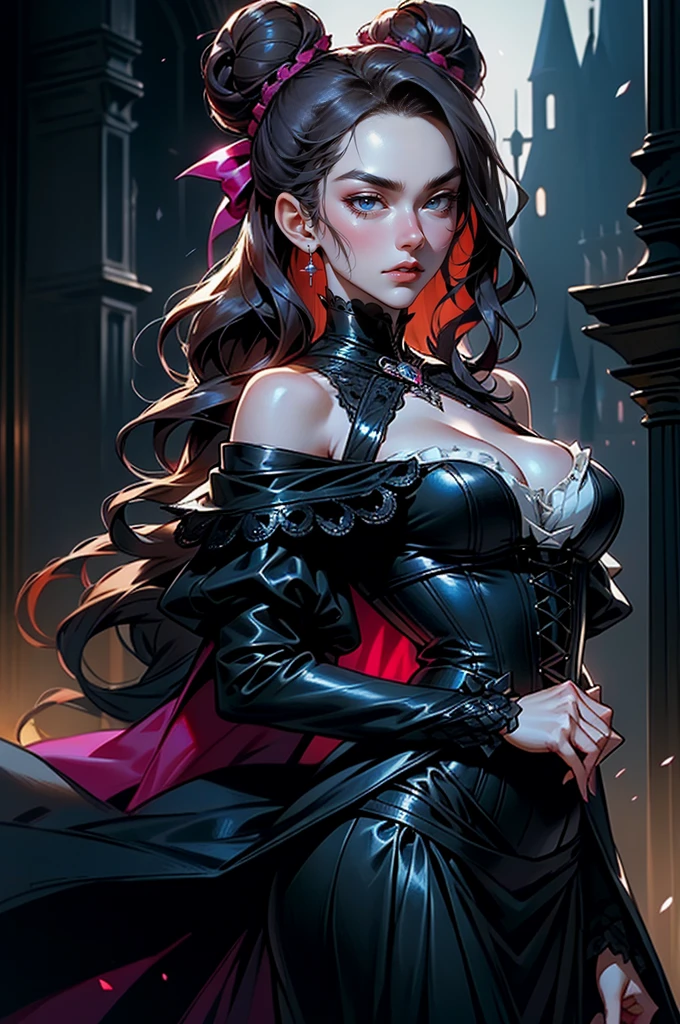 (masterpiece, top quality, best quality, official art, beautiful and aesthetic: 1.2), (1 woman: 1.3), long curly dark brown hair, ((fancy bun)), Victorian style, Victorian classic, extremely detailed, portrait, looking at the viewer, solo, (full body: 0.6), detailed background, close-up, mischievous eyes, (cold midnight castle theme: 1.1), vampire, long fangs, blood on chin, huge lips, charlatan, mischievous smile, mysterious, being seductive on the balcony, revealing gothic dress, extremely tight bodice, black costume, magenta skirts, off-the-shoulder, long sleeves, loose sleeves, black leather , cape, corset, black dress, fishnets, black high boots, buckles, straps, bags, glowing blood magic energy, dark magenta fabric, silver trim, black leather, extremely slim, slim waist, slim hips, medieval background (gothic castle exterior: 1.1), nocturnal, dark and mysterious lighting, shadows, magical atmosphere, Dancing lightly. backwadrs, Looking back. Very sexy, with chin resting on shoulder, abigail larson art style, perfect fingers