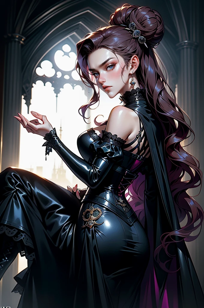 (masterpiece, top quality, best quality, official art, beautiful and aesthetic: 1.2), (1 woman: 1.3), long curly dark brown hair, ((fancy bun)), Victorian style, Victorian classic, extremely detailed, portrait, looking at the viewer, solo, (full body: 0.6), detailed background, close-up, mischievous eyes, (cold midnight castle theme: 1.1), vampire, long fangs, blood on chin, huge lips, charlatan, mischievous smile, mysterious, being seductive on the balcony, revealing gothic dress, extremely tight bodice, black costume, magenta skirts, off-the-shoulder, long sleeves, loose sleeves, black leather , cape, corset, black dress, fishnets, black high boots, buckles, straps, bags, glowing blood magic energy, dark magenta fabric, silver trim, black leather, extremely slim, slim waist, slim hips, medieval background (gothic castle exterior: 1.1), nocturnal, dark and mysterious lighting, shadows, magical atmosphere, Dancing lightly. backwadrs, Looking back. Very sexy, with chin resting on shoulder, abigail larson art style, perfect fingers