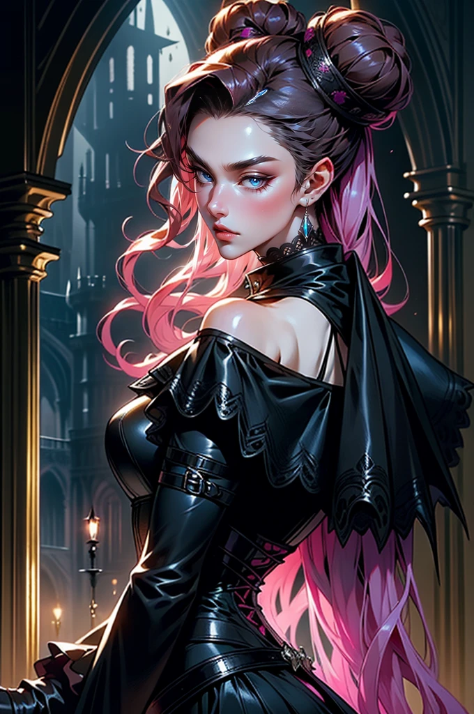 (masterpiece, top quality, best quality, official art, beautiful and aesthetic: 1.2), (1 woman: 1.3), long curly dark brown hair, ((fancy bun)), Victorian style, Victorian classic, extremely detailed, portrait, looking at the viewer, solo, (full body: 0.6), detailed background, close-up, mischievous eyes, (cold midnight castle theme: 1.1), vampire, long fangs, blood on chin, huge lips, charlatan, mischievous smile, mysterious, being seductive on the balcony, revealing gothic dress, extremely tight bodice, black costume, magenta skirts, off-the-shoulder, long sleeves, loose sleeves, black leather , cape, corset, black dress, fishnets, black high boots, buckles, straps, bags, glowing blood magic energy, dark magenta fabric, silver trim, black leather, extremely slim, slim waist, slim hips, medieval background (gothic castle exterior: 1.1), nocturnal, dark and mysterious lighting, shadows, magical atmosphere, Dancing lightly. backwadrs, Looking back. Very sexy, with chin resting on shoulder, abigail larson art style, perfect fingers