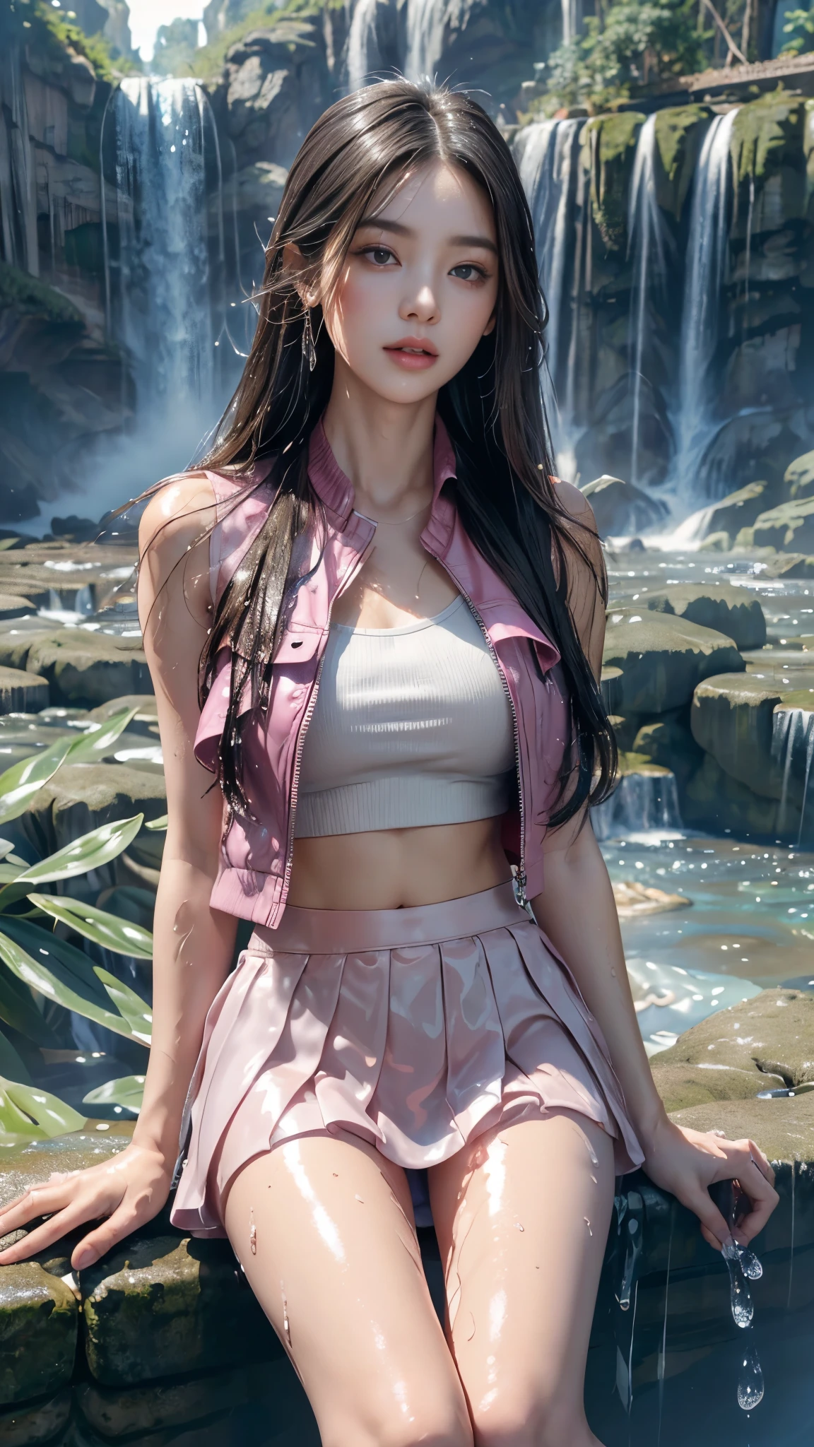 8k, masterpiece, 1 girl, beautiful face, ((very long hair)), glossy makeup, closed mouth, (glossy skin:1.5), detailed eyes, detailed lips, push up breasts, pink short jacket, ultra light vest, ((thin mini skirt)), ((under pants)), ((bare thigh)), straps clothing, (waterfall:1.5), (water:1.5), steam effect, water vapor, adult pose, sitting,