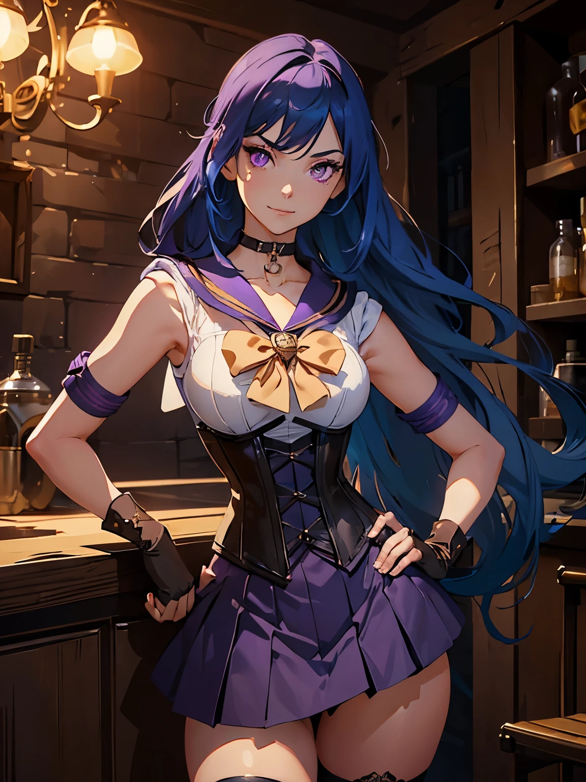 masterpiece, high quality, standing, 1_women, (upper body), (((looking away from viewer))), (bright blue hair), medium length hair, cute bangs, flowing hair, (exotic skin_complexion:1.4),mature, tall, diamond shaped eyes, (((purple eyes))), dark_eyeliner, long_eyelashes), (hands on hip), (purple fingerless_gloves), beautiful, exotic, elegant, slim, (((sailor collar))), black thigh highs, choker, medium bust, (brown steampunk corset), black Lolita style skirt, knee high heel with laces, (sleeveless), natural dynamic lighting, ((smirking)), steampunk, inside rustic tavern, 