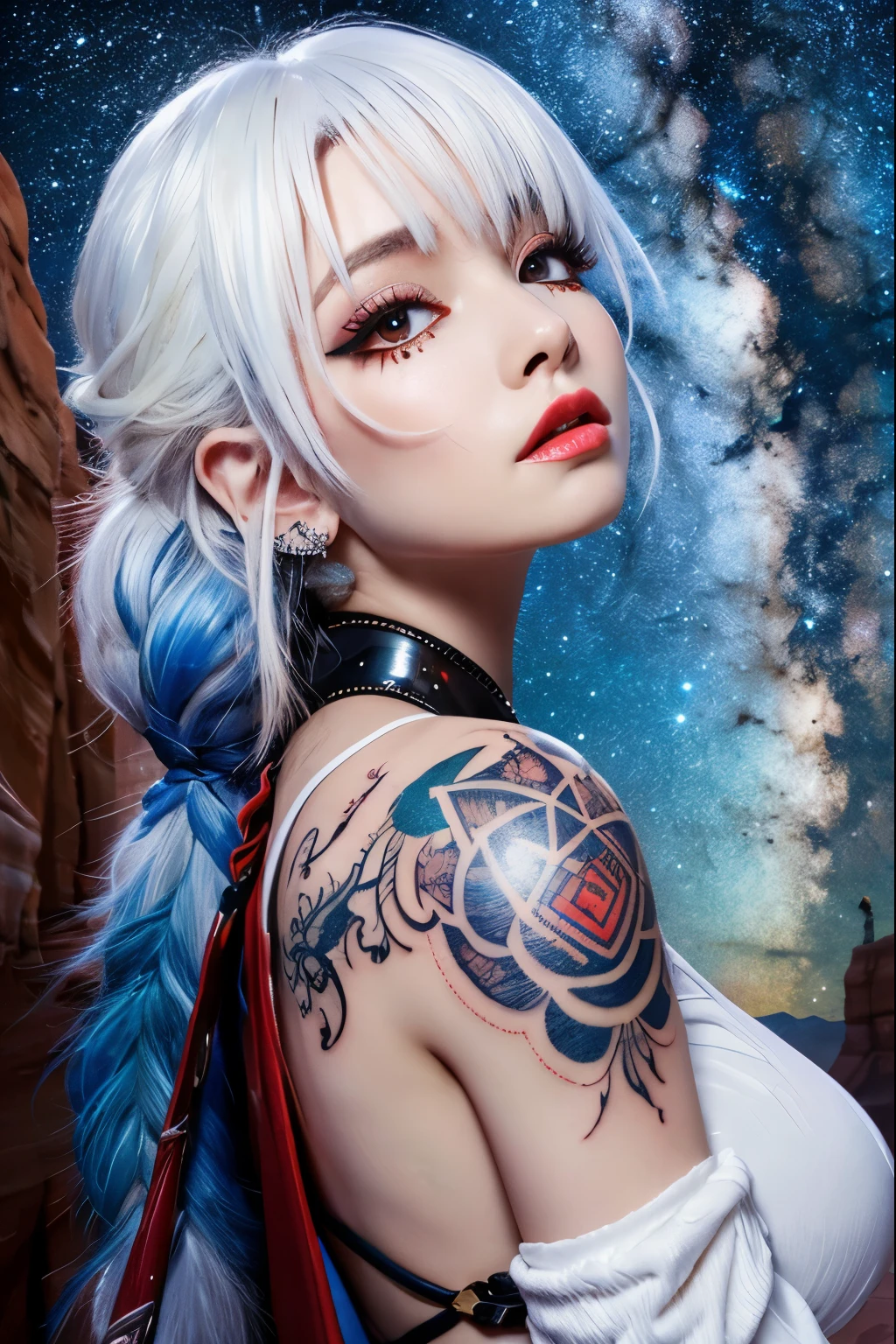 (8k), (highest quality), (Best details)Giant Canyon、milky way、White Hair、Red eyes、tattoo、There'Neanderthal girl in a mammoth fur gown、Giant planets、