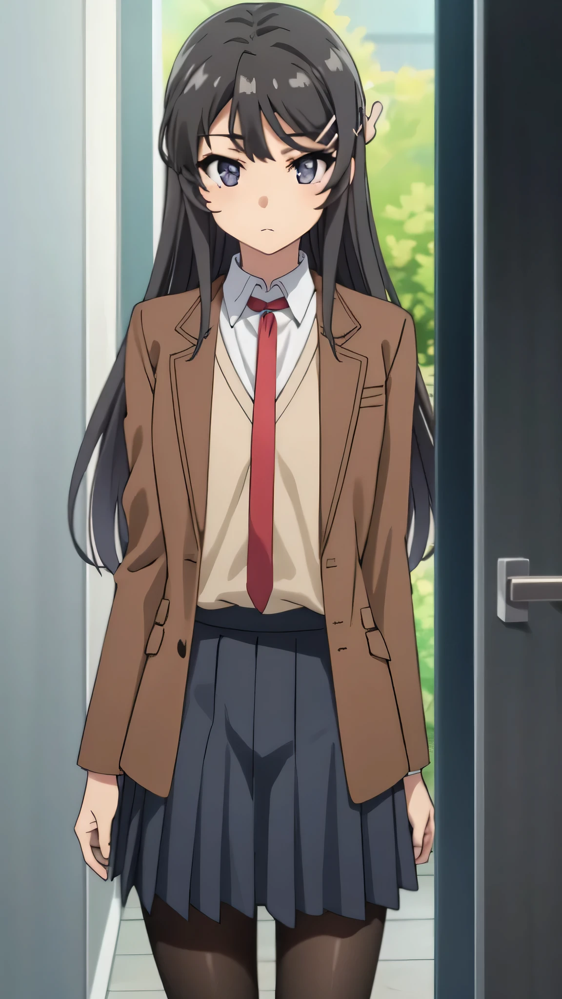 {{{masterpiece}}}, {{{best quality}}}, {{ultra-detailed}}, {illustration}, {{an extremely delicate and beautiful}}, 8k, NSFW, sakurajima mai, long hair, bangs, (black hair:1.5), hair ornament, (purple eyes:1.1), hairclip, rabbit hair ornament, skirt, shirt, , white shirt, short sleeves, pantyhose, pleated skirt, collared shirt, blue skirt, black pantyhose, red necktie, jacket, (brown jacket:1.5)