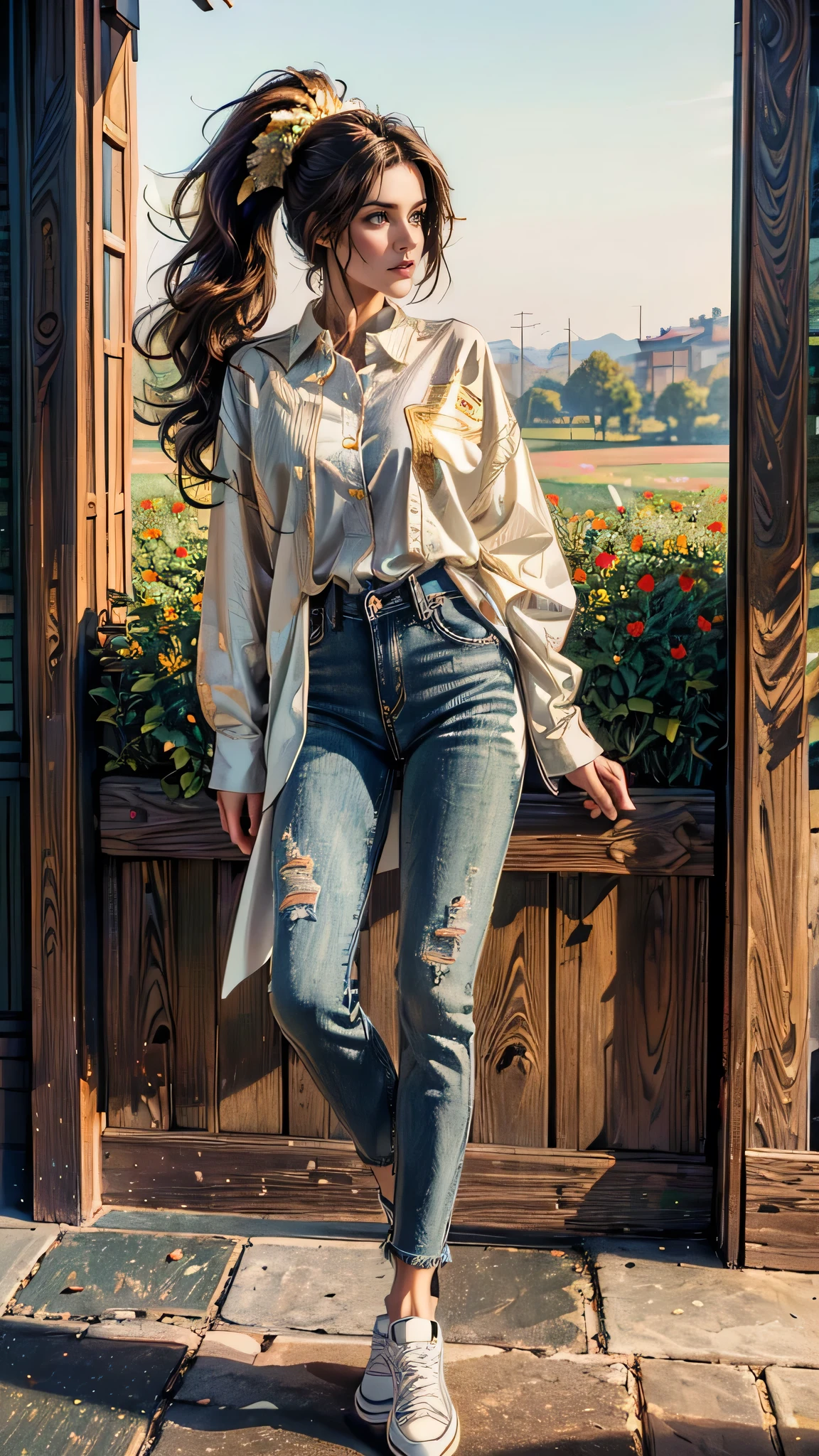 ((masterpiece, best quality, highres, ultra-detailed),(beautiful and aesthetic:1.2), 1woman, adult, perfect body, wavy dark hair, green eyes, high short ponytail, handsome, detailed eyes and face, oversized long shirt, skinny jeans, converse sneakers, golden hour, field of flowers, intricate details