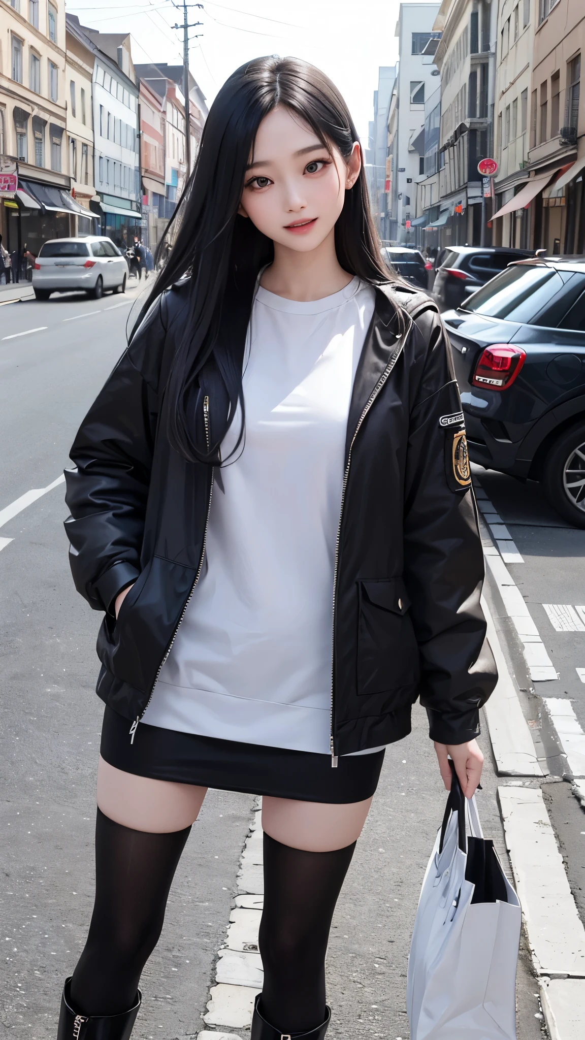 top-quality、supreme1People Girls,hightquality,A detailed face、A detailed eye、Detailed nose、Detailed mouth、 Beautiful expression, ((masuter piece)), ((High resolution)), ((Best Quality)), detail, (Excited face.Very happy,),(tshirts、parka、Tight mini skirt、Black stockings、long boots、One bag)、 girl with,Blue-haired, (Long straight hair)、Standing figure、fair white skin:1.3、、Big breasts, cinmatic lighting, perfectly shaded,(((In the street))), Realistic lighting with shades,Reflecting the whole body
