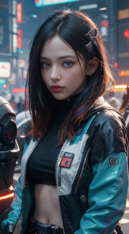 (Best Quality,4K,8K,hight resolution,masutepiece:1.2), Ultra-detailed, (Realistic,Photorealistic,Photorealsitic:1.37), (Beautiful detailed eyes, Beautiful detailed lips, extremely detailed eye and face, long eyelashes),Blue eyes、orange color hair、 Studio Lighting,Physically-based rendering,Vivid colors, (Cyberpunk:1.5), The upper part of the body