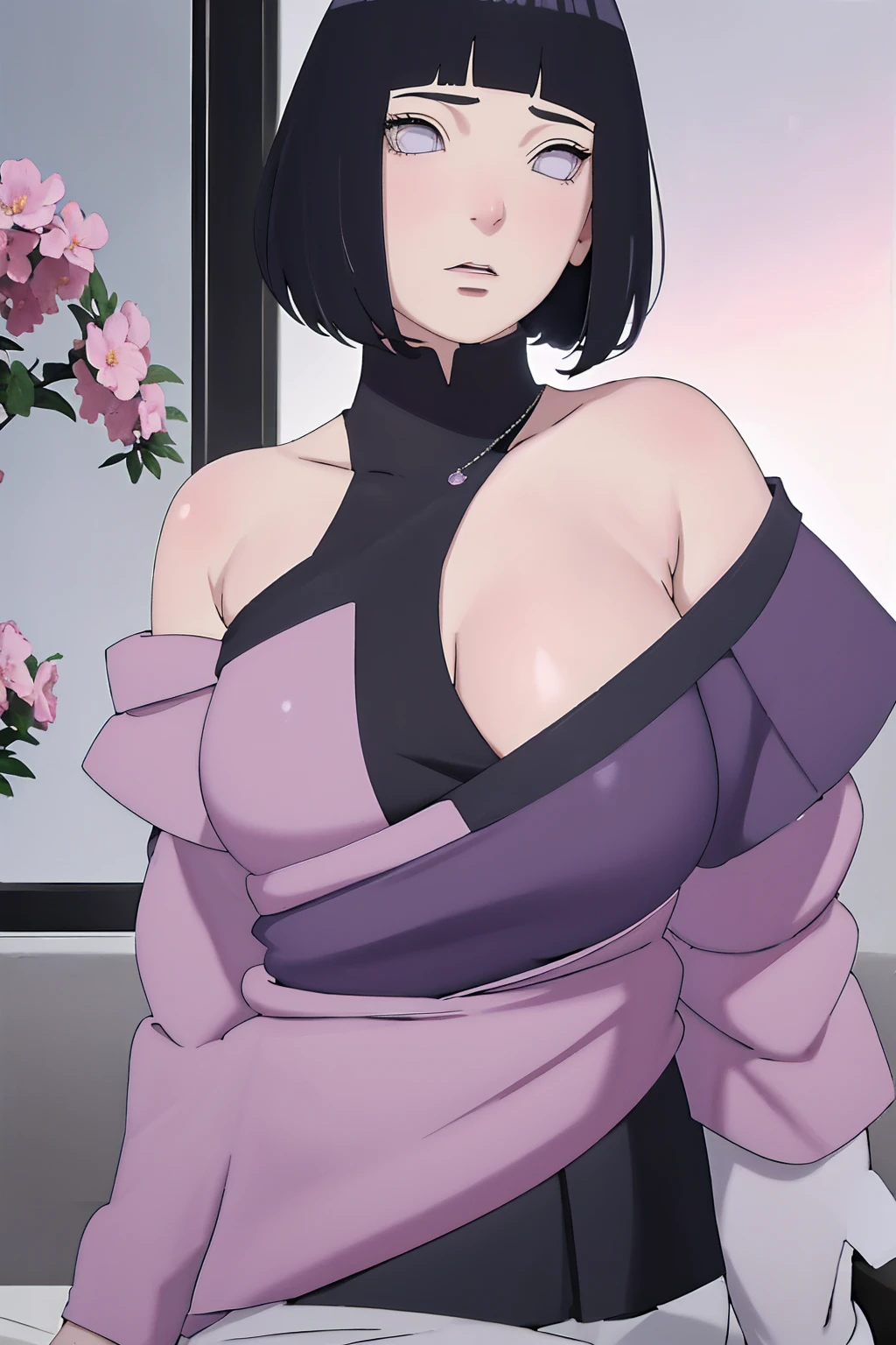 { - anatomy error} (Masterpiece - Ultra-detailed, very high resolution) (huge titusty, masterpiece, absurdres, hinata\(boruto\), 1girl, solo,mature female, off-shoulder bra, high waist black short skirt, looking at viewelling petals), perfect composition, detailed lips, big breast, beautiful face, body propotion, blush, (pink lips), short hair, (black hair), purple eyes, soft gaze, super realistic, detailed, photoshoot, realistic face and body, closed mouth, sitting on the bed , lilac eyes, upper body, lace clothes, backwards, looking back, with chin resting on shoulder, perfect fingers