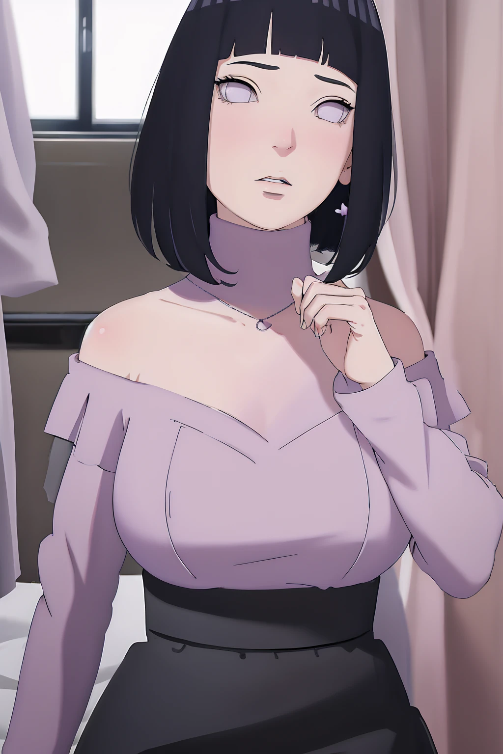 { - anatomy error} (Masterpiece - Ultra-detailed, very high resolution) (huge titusty, masterpiece, absurdres, hinata\(boruto\), 1girl, solo,mature female, off-shoulder bra, high waist black short skirt, looking at viewelling petals), perfect composition, detailed lips, big breast, beautiful face, body propotion, blush, (pink lips), short hair, (black hair), purple eyes, soft gaze, super realistic, detailed, photoshoot, realistic face and body, closed mouth, sitting on the bed , lilac eyes, upper body, lace clothes, backwards, looking back, with chin resting on shoulder, perfect fingers