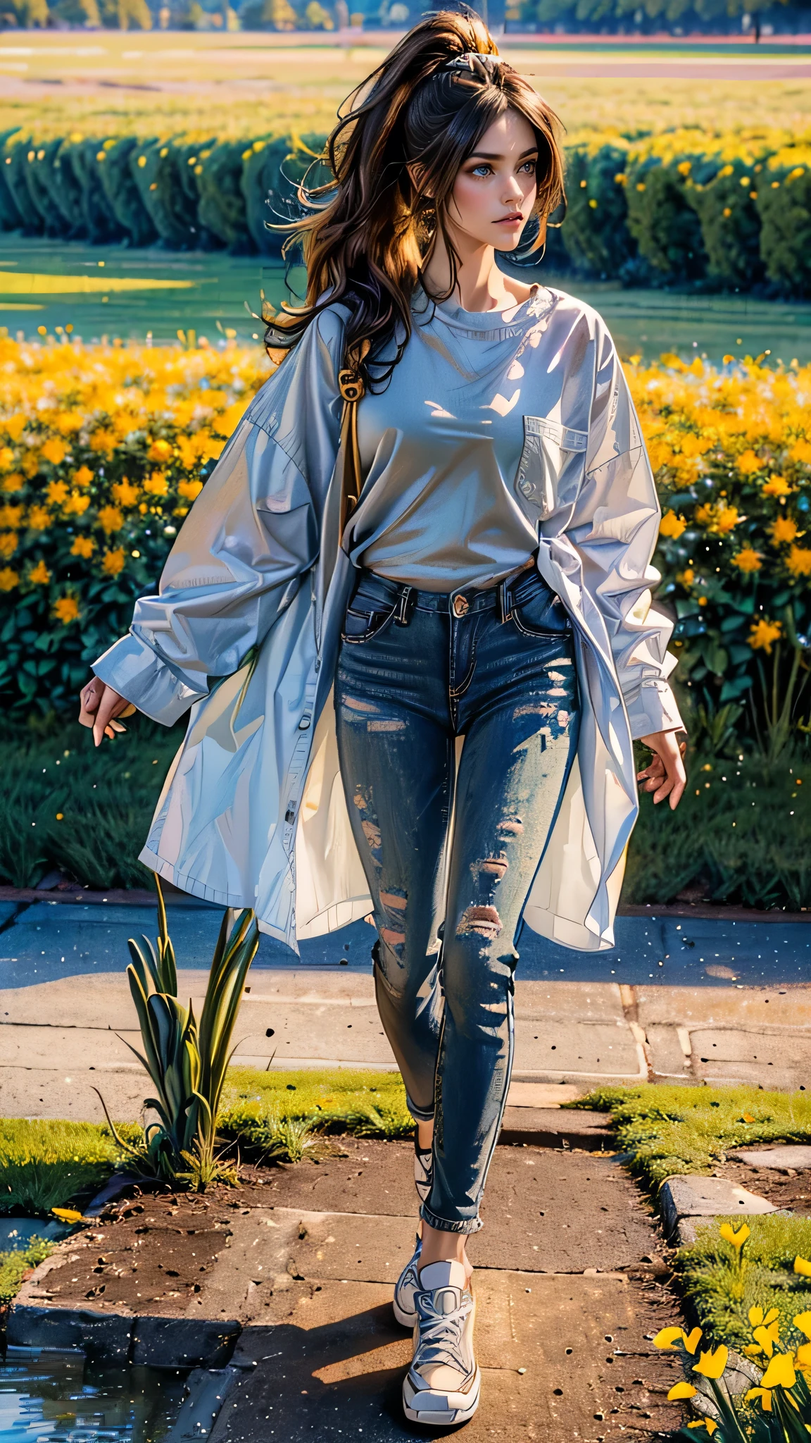 ((masterpiece, best quality, highres, ultra-detailed),(beautiful and aesthetic:1.2), 1woman, adult, perfect body, wavy dark hair, green eyes, high short ponytail, handsome, detailed eyes and face, oversized long shirt, skinny jeans, converse sneakers, golden hour, field of flowers, intricate details