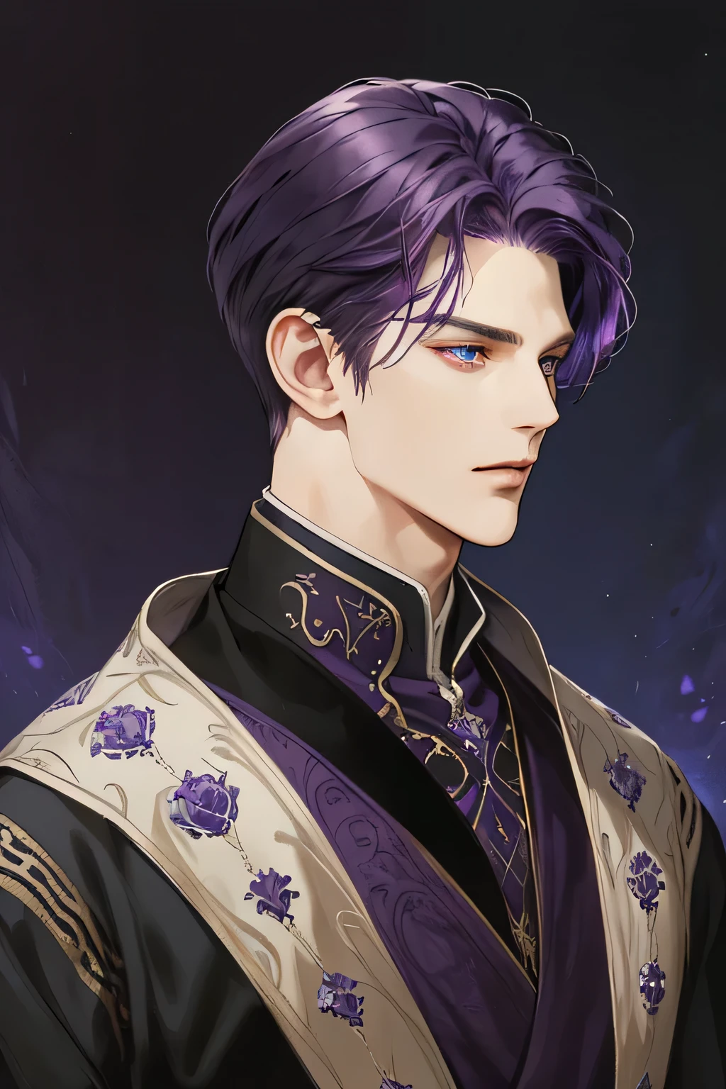 (Best quality),adult,1 man, male, mature, very tall, elegant, (((very short dark purple hair))), blue eyes, dark purple hair, medieval fantasy style clothing, richly textured background, soft lighting, portrait style, painting style, deep colors