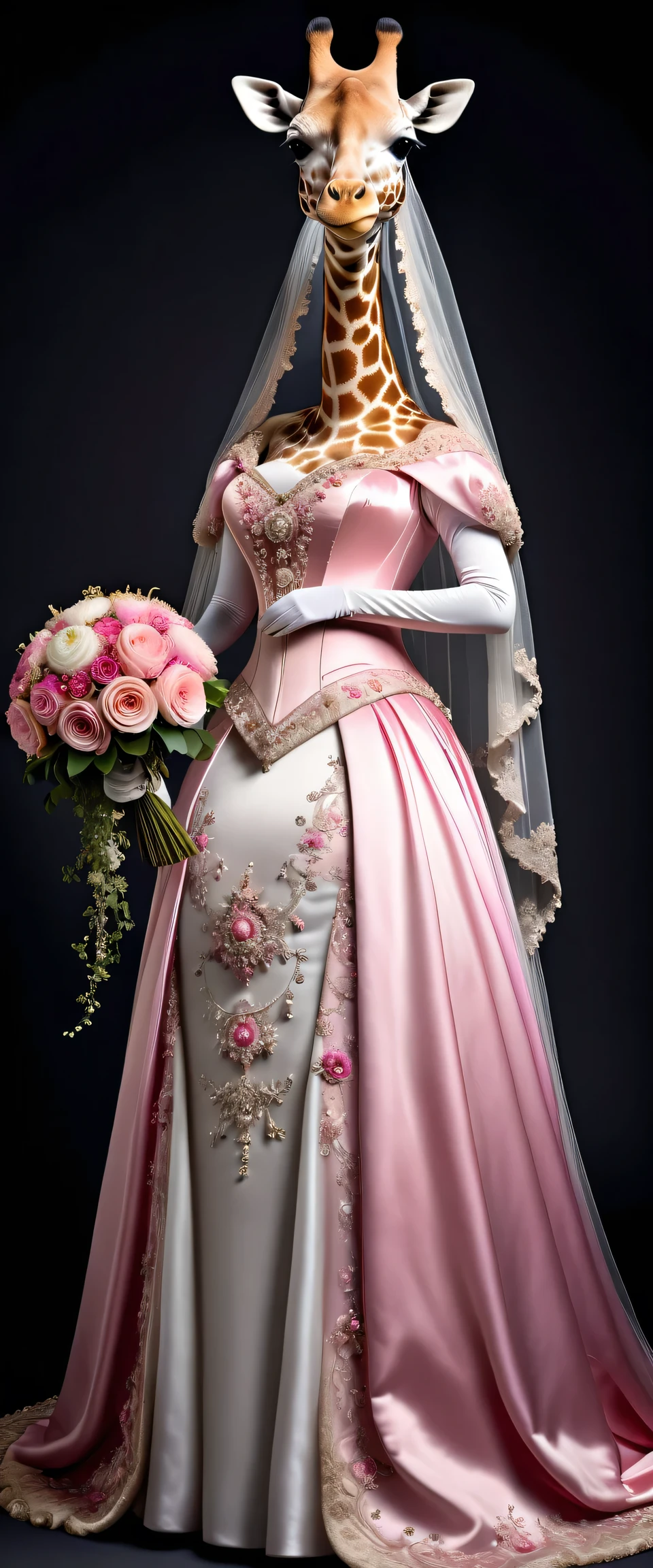 photorealistic portrait of Dressed animals - a ((fat)) giraffe bride,(elegant pose),(closed mouth),(furry), high quality,(lovely) ,intricate details, highly detailed (gothic pink wedding dress)),wearing opera globes ,wearing highly detailed veil, highly detailed decorations ,holding flower bouquet, (happy), studio lighting,(full body image:2.0)